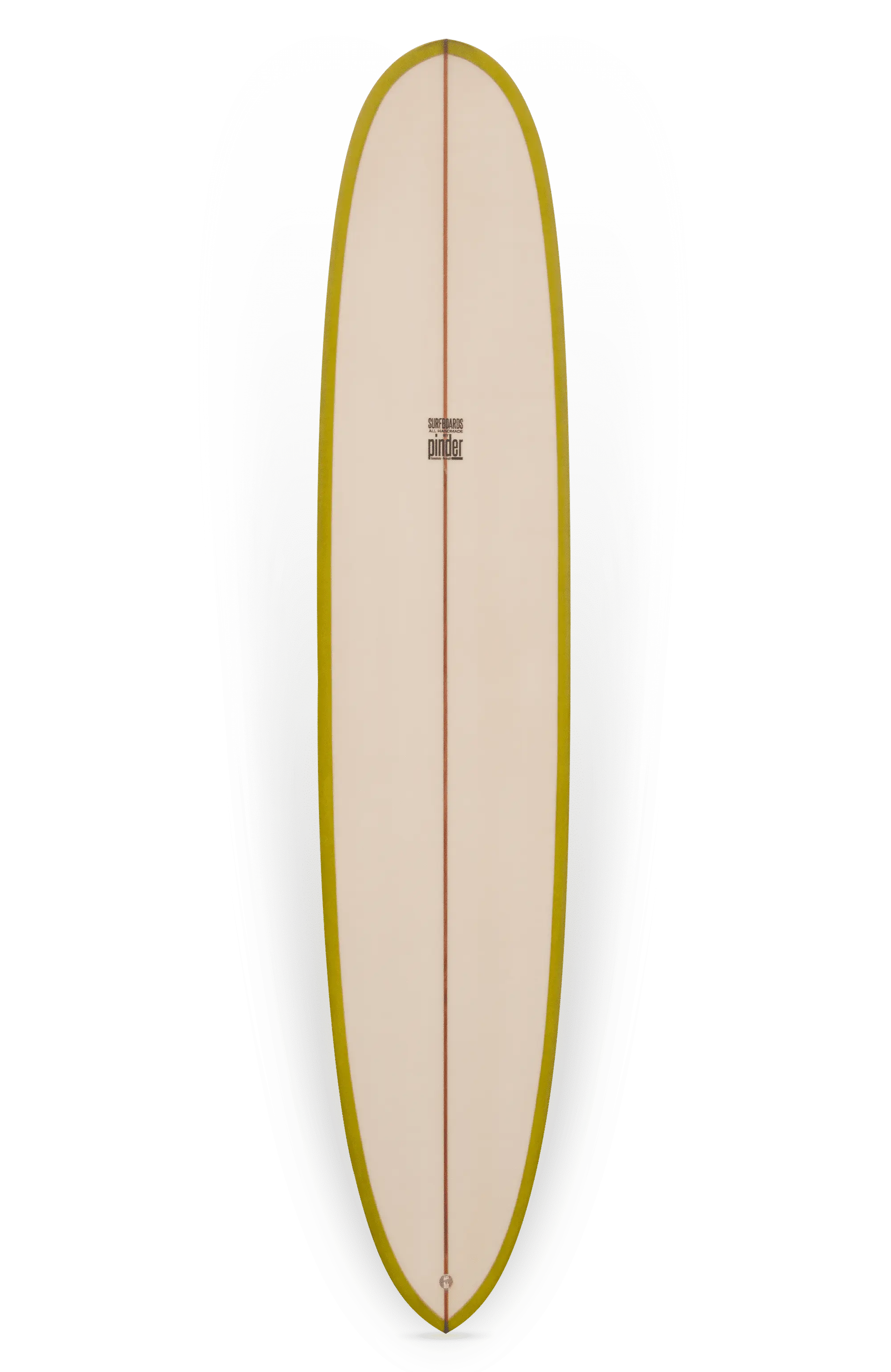 Shapers-Club- Vue de dessus de la planche de surf Pinder Hawaii - modèle Joel, mesurant 9'7" x 23" x 3' 1/8", présente une surface de couleur crème avec une bande centrale marron et des bords jaunes, sur un fond blanc. La planche de surf affiche bien en évidence le logo "Bing Pintail" près du centre supérieur ; elle est idéale pour attraper les vagues. -surfshop-surfboard