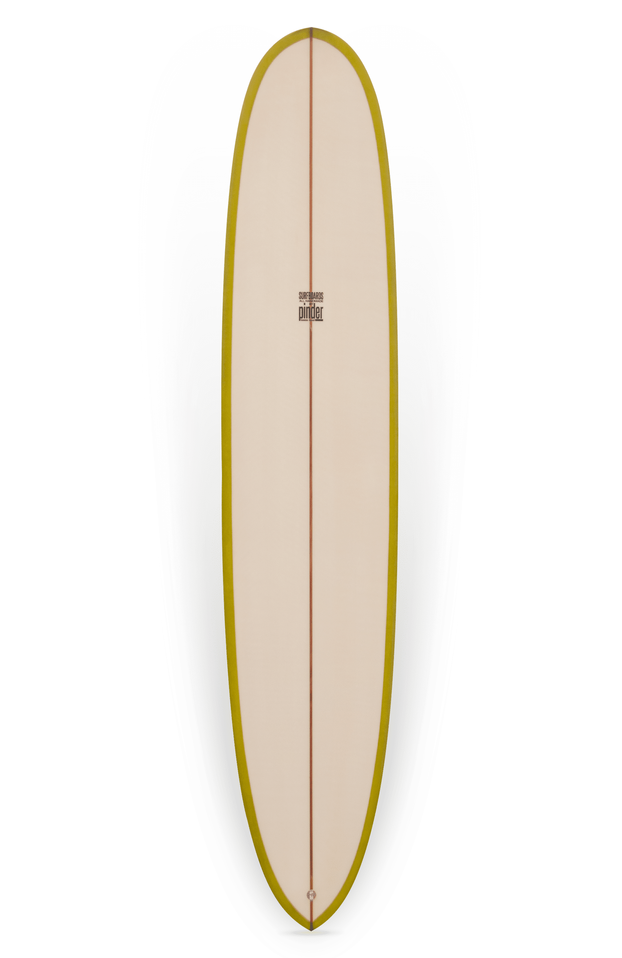 Shapers-Club- Cette planche de surf Pinder Hawaii - Joel modèle 9'7" x 23" x 3' 1/8", dotée d'une surface blanche avec une bordure jaune et un longeron marron au centre, porte l'étiquette "Pinder Hawaii" près du haut. La planche est présentée sur un fond blanc isolé. -surfshop-surfboard
