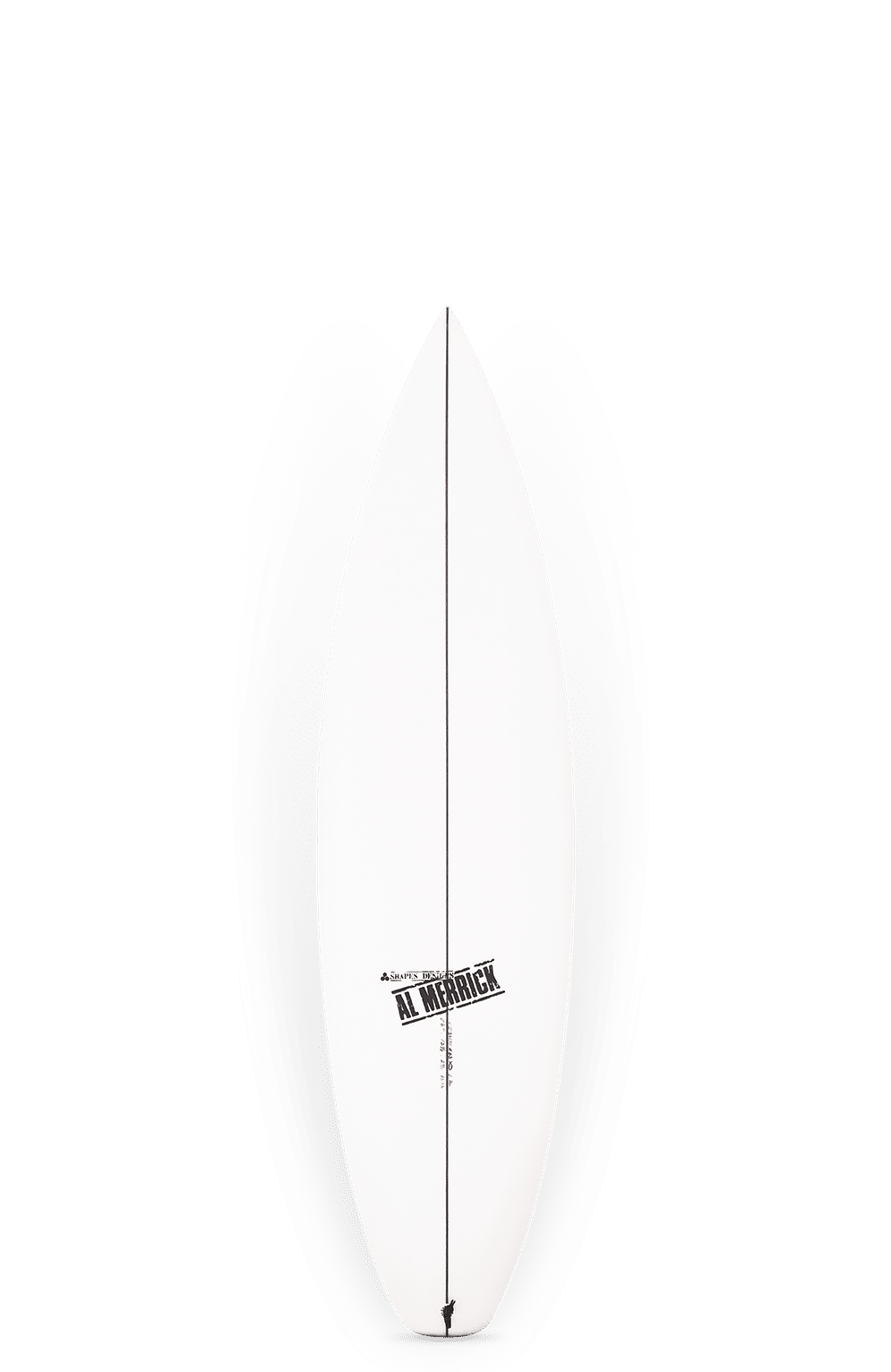 Shapers-Club- Une planche de surf blanche CI 2P PRO (6'2" x 19 1/2" x 2 9/16", 32,8L) avec des bords noirs, une pointe pointue, des côtés gris dégradé, une ligne centrale noire, le logo "Al Merrick" et équipée de Futures Fins - vue de dessus. -surfshop-surfboard