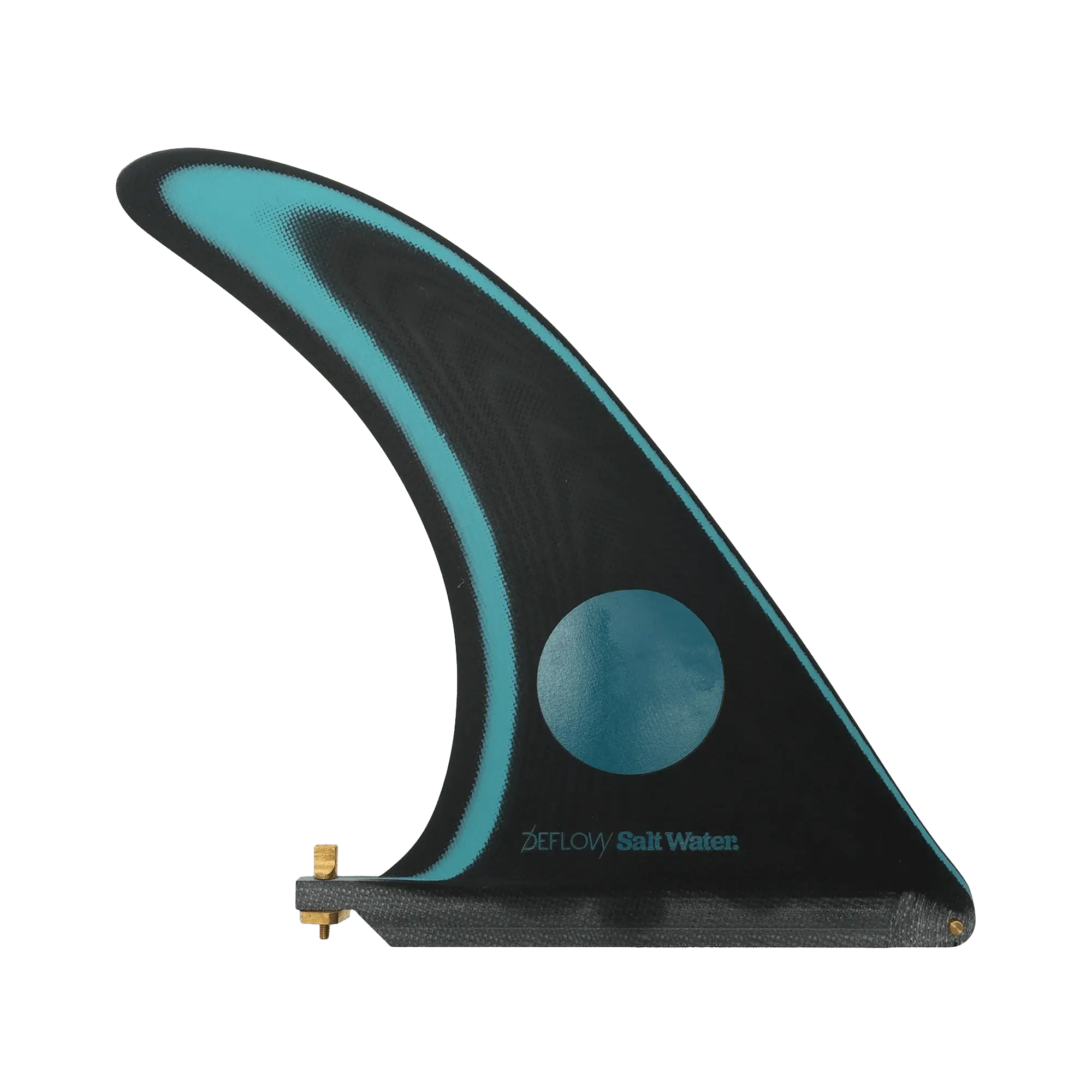 Shapers-Club- Aileron de planche de surf simple de 9,8" en noir et turquoise avec le nom de marque "DEFLOW - Salt Water" imprimé en turquoise, doté d'une vis en laiton pour la fixation à sa base. -surfshop-surfboard