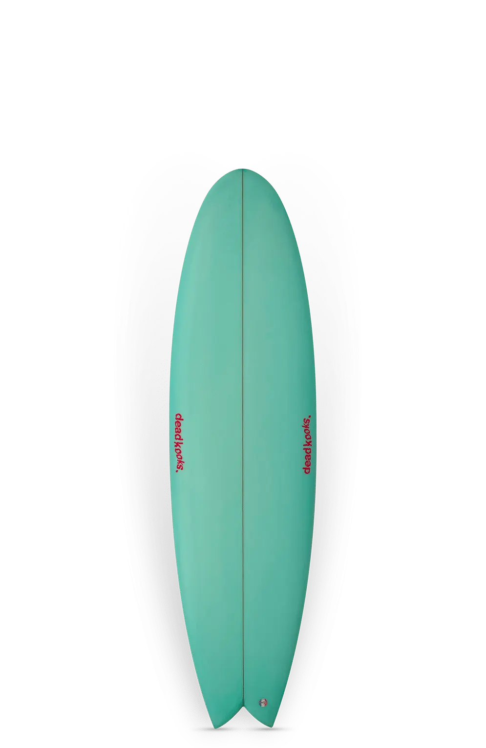 Shapers-Club- Une planche de surf Thang, présentant un design bleu sarcelle avec un texte rouge indiquant « 6'1 » x 19 7/8" x 2 9/16" - 35L », est positionnée verticalement sur un fond dégradé blanc et gris, mettant en valeur sa forme élégante. -surfshop-surfboard