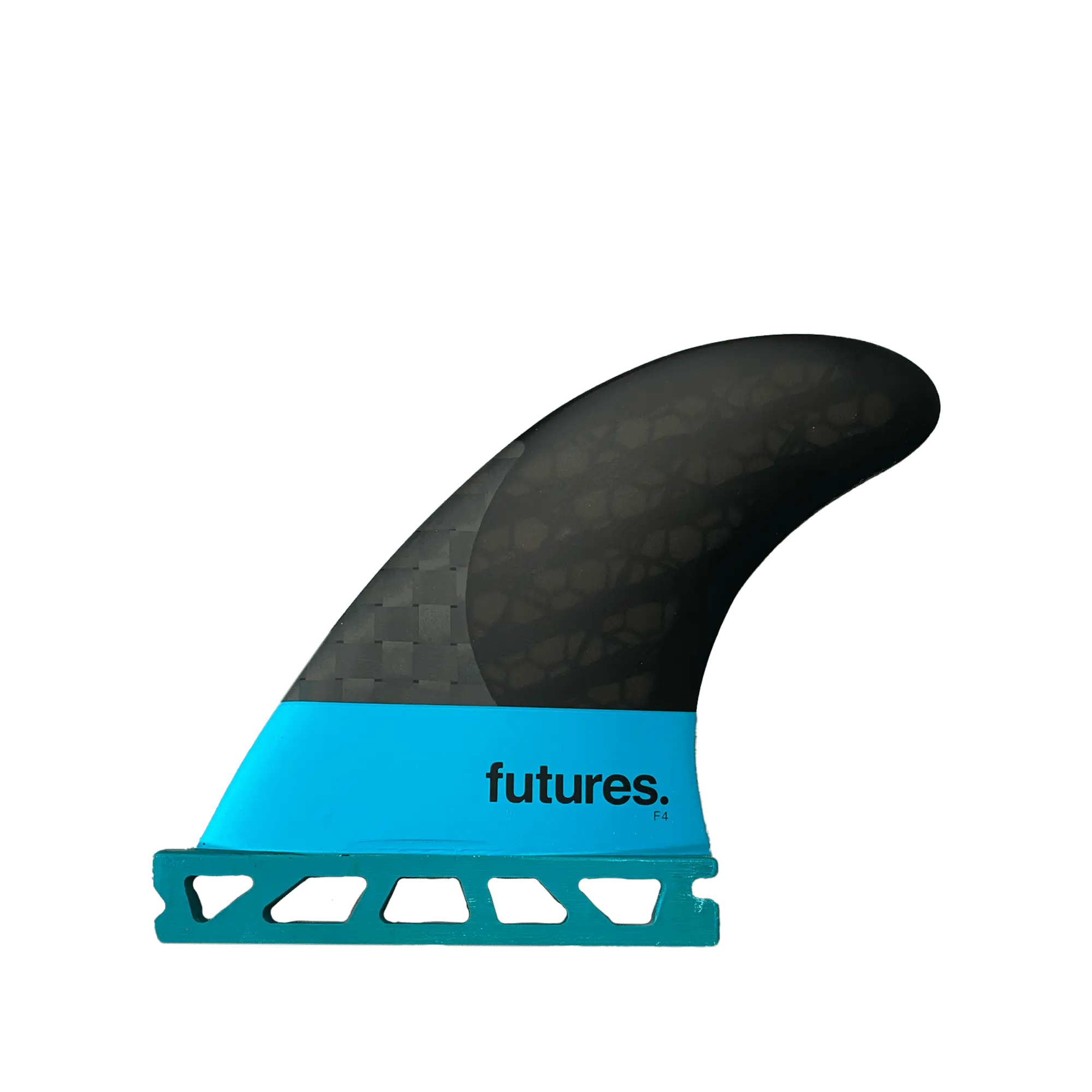 Shapers-Club- L'aileron de planche de surf Futures - F4 Blackstix 3.0 - Carbon présente une élégante palette de couleurs noire et turquoise. La partie inférieure est turquoise avec les inscriptions « Futures » et « F4 Blackstix », tandis que la partie supérieure est noire avec un motif en carbone texturé et comprend une base turquoise avec un design découpé complexe. -surfshop-surfboard
