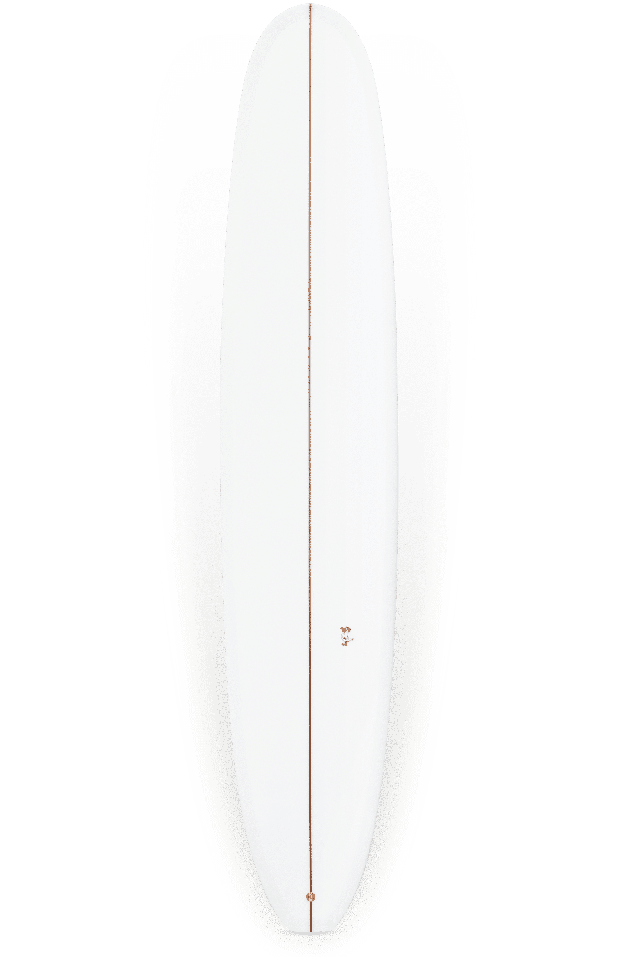 Shapers-Club- La planche de surf Barrett Miller - Springfield 9'9" x 23" x 3", présentant un corps blanc accentué d'une étroite ligne marron au centre, est vue d'en haut sur un fond uni. -surfshop-surfboard