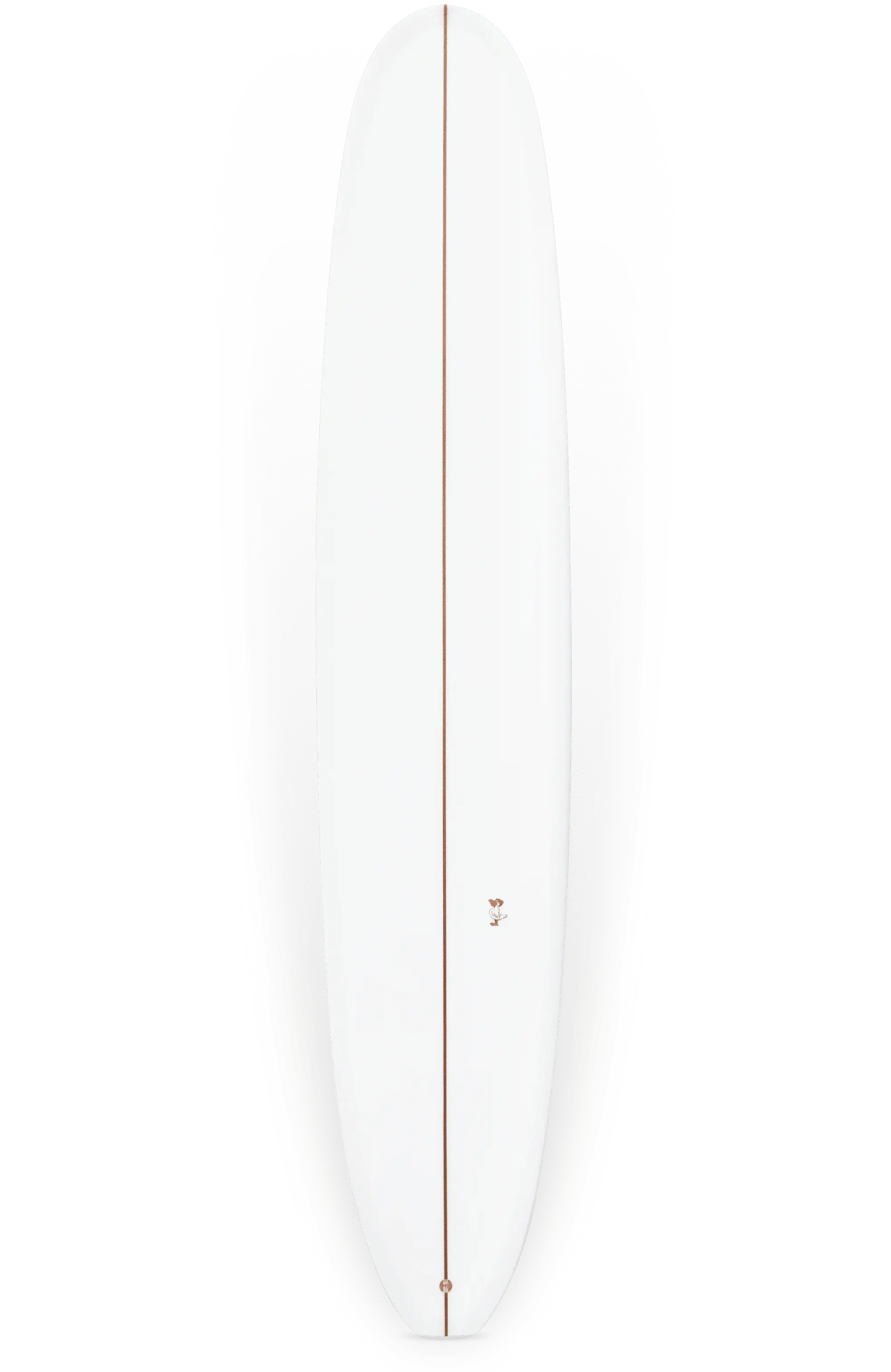 Shapers-Club- La planche de surf Barrett Miller - Springfield 9'9" x 23" x 3", présentant un corps blanc accentué d'une étroite ligne marron au centre, est vue d'en haut sur un fond uni. -surfshop-surfboard