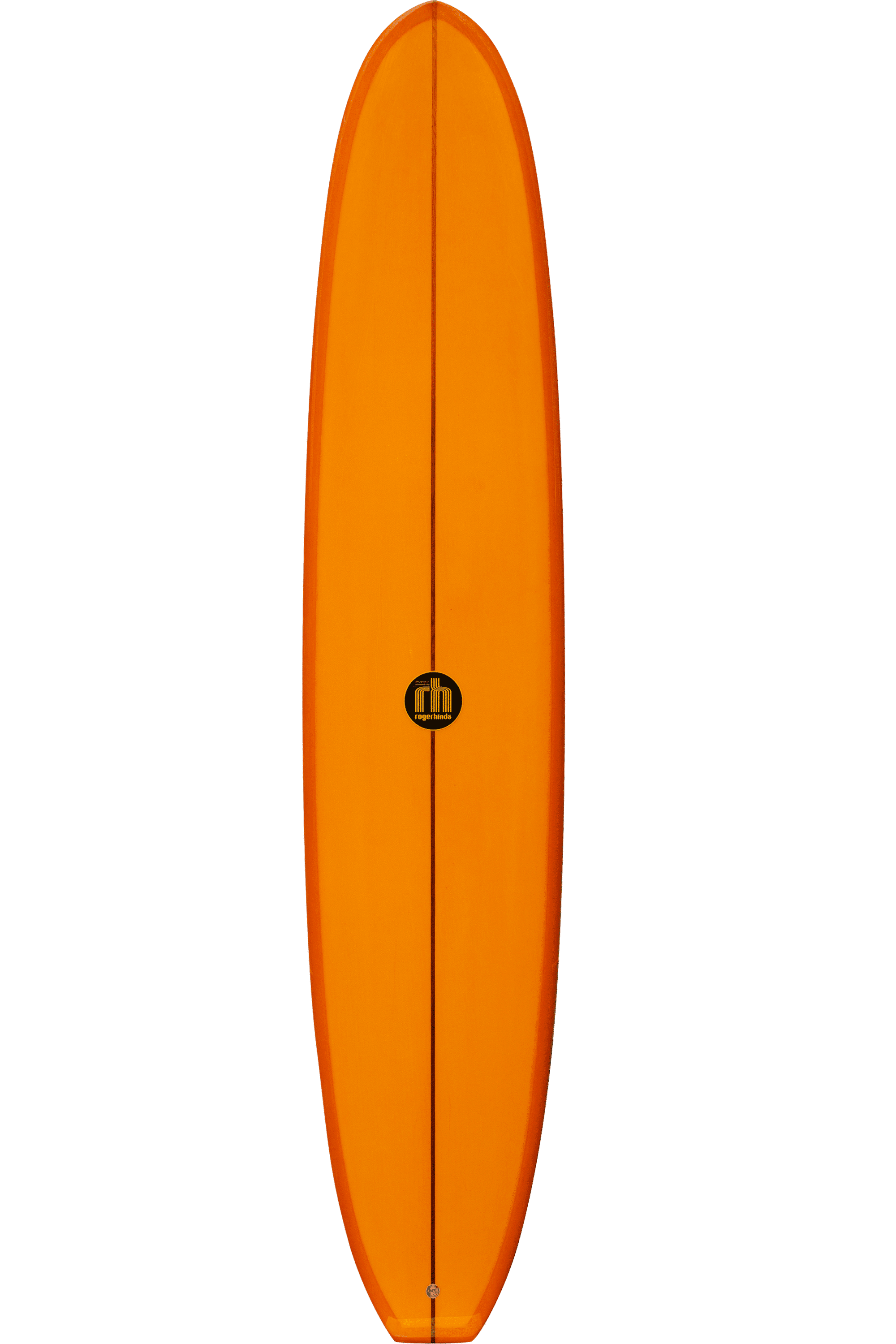 Shapers-Club- La planche de surf orange vif Paul Strauch 9'4" x 23" x 3' 1/4" présente une forme arrondie avec un logo noir audacieux au centre, fabriqué avec une corde centrale, se détachant magnifiquement sur un fond blanc uni. -surfshop-surfboard