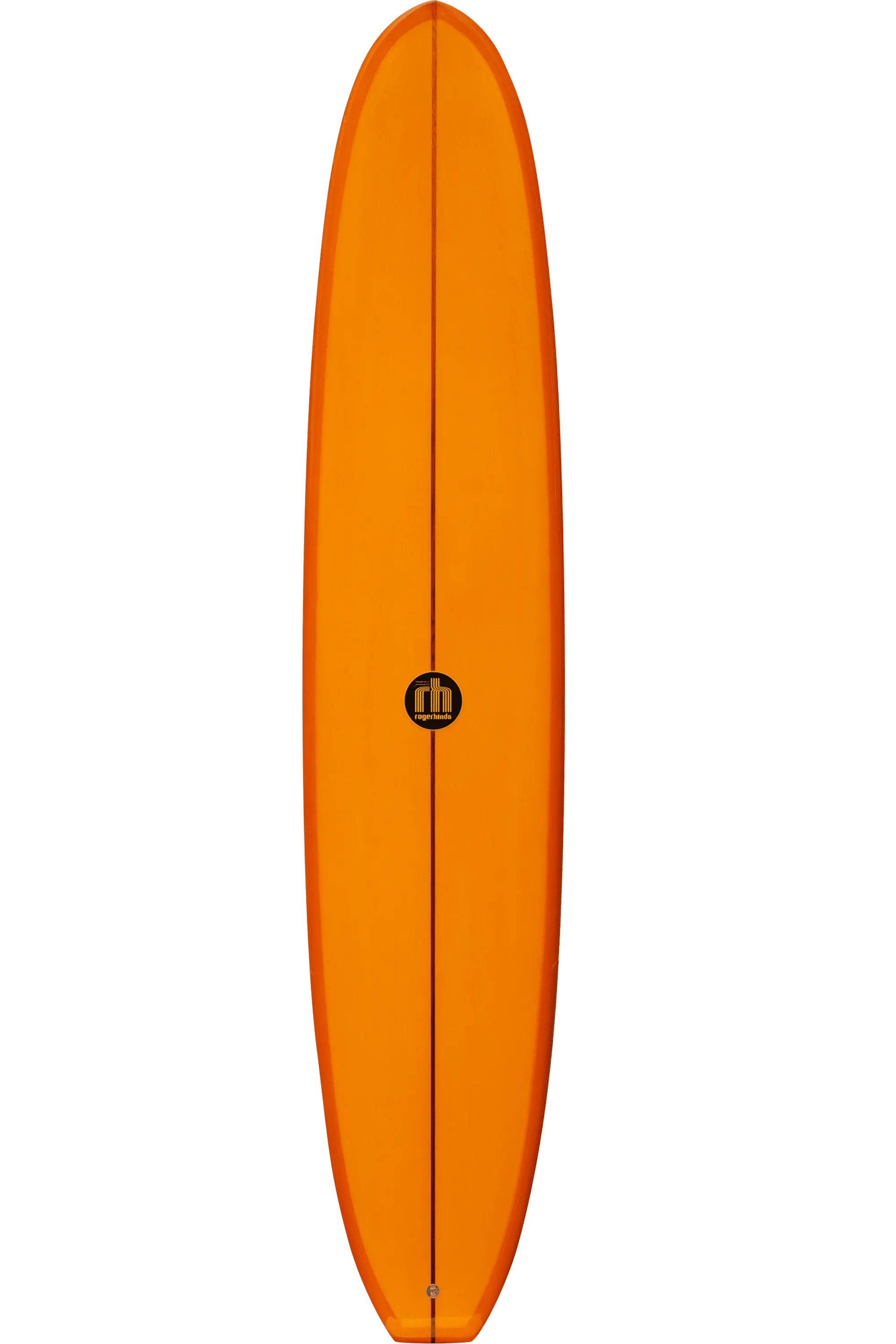 Shapers-Club- La planche de surf orange vif Paul Strauch 9'4" x 23" x 3' 1/4" présente une forme arrondie avec un logo noir audacieux au centre, fabriqué avec une corde centrale, se détachant magnifiquement sur un fond blanc uni. -surfshop-surfboard