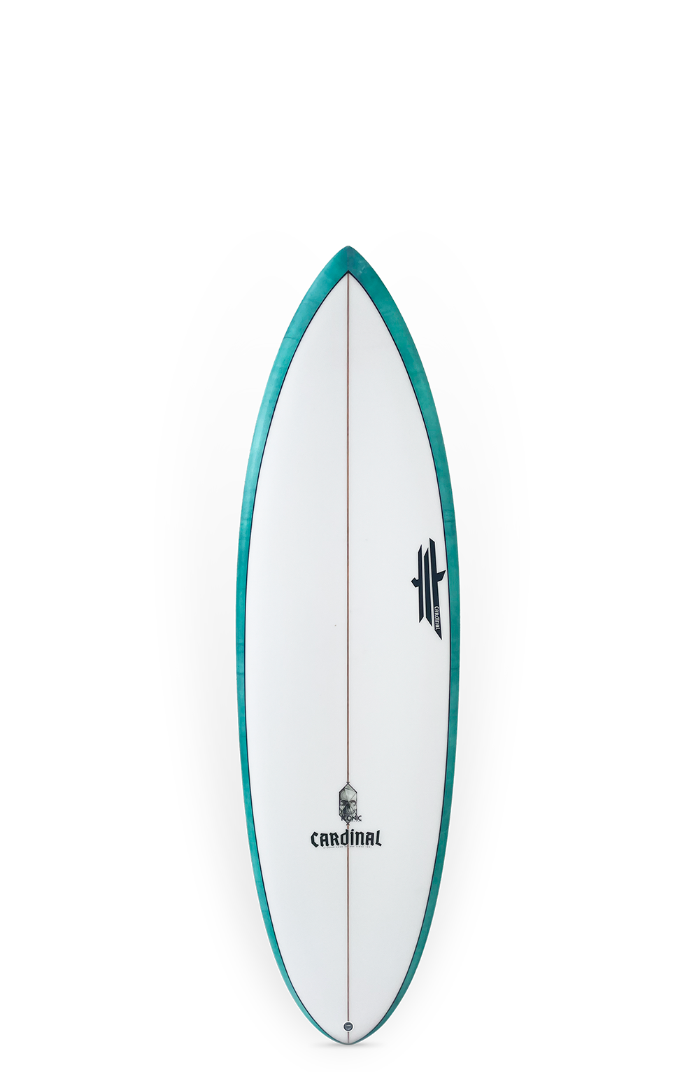 Shapers-Club- Une planche de surf blanche emblématique de 6'0 x 21 x 2,62 - 35L, dotée d'une bordure turquoise et d'un logo noir, est élégamment placée sur une surface ovale réfléchissante, créant une illusion d'ombres qui se chevauchent. -surfshop-surfboard