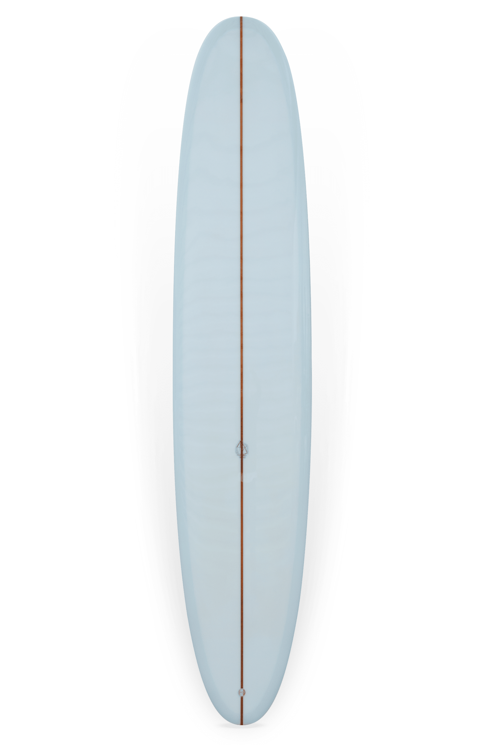 Shapers-Club- Vue de dessus de la planche de surf Dead Kooks - Casbah 9'6" x 22' 3/4" x 2' 3/4" bleu clair, avec une seule corde en bois qui court dans le sens de la longueur au centre. La planche de surf arbore une finition brillante et est conçue de manière experte pour surfer sur les vagues. -surfshop-surfboard