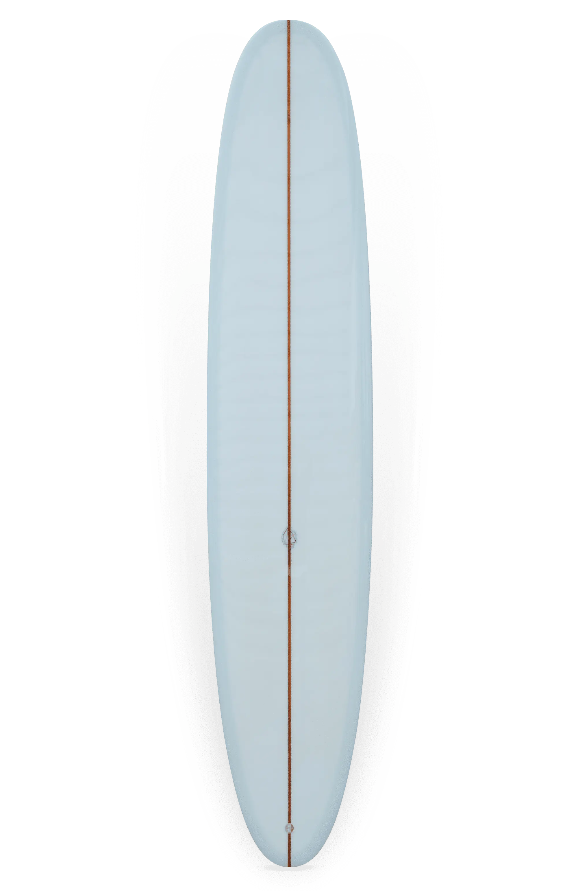 Shapers-Club- Vue de dessus de la planche de surf Dead Kooks - Casbah 9'6" x 22' 3/4" x 2' 3/4" bleu clair, avec une seule corde en bois qui court dans le sens de la longueur au centre. La planche de surf arbore une finition brillante et est conçue de manière experte pour surfer sur les vagues. -surfshop-surfboard