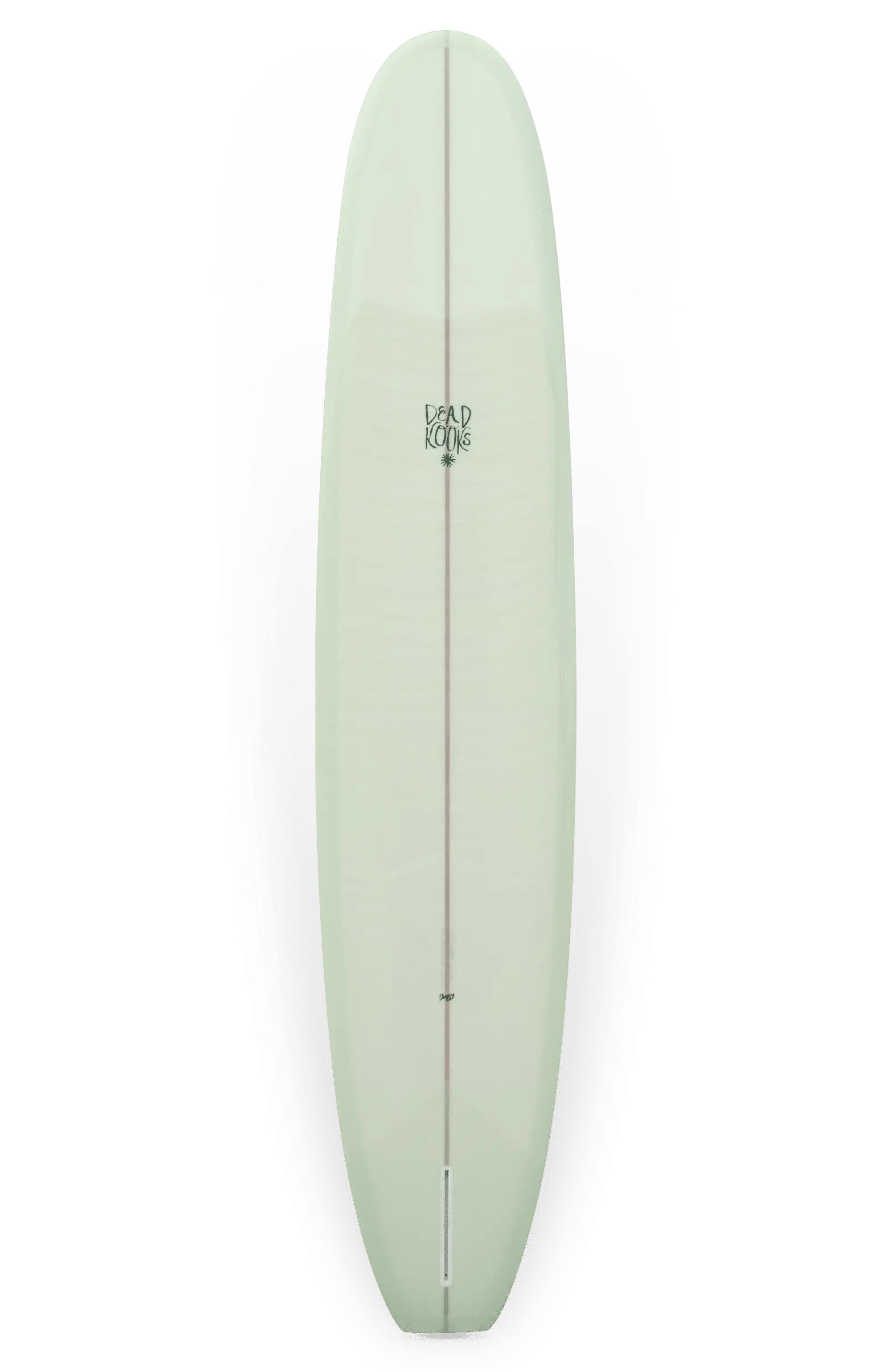 Shapers-Club- Planche de surf Dead Kooks - Casbah 9'6" x 22' 3/4" x 2' 3/4" vert clair, avec un longeron en bois centré qui court verticalement et le logo "Brad Knox" positionné près du haut. Cette planche présente un design lisse et arrondi adapté au surf. Le fond blanc ajoute un effet flottant à son apparence élégante. -surfshop-surfboard