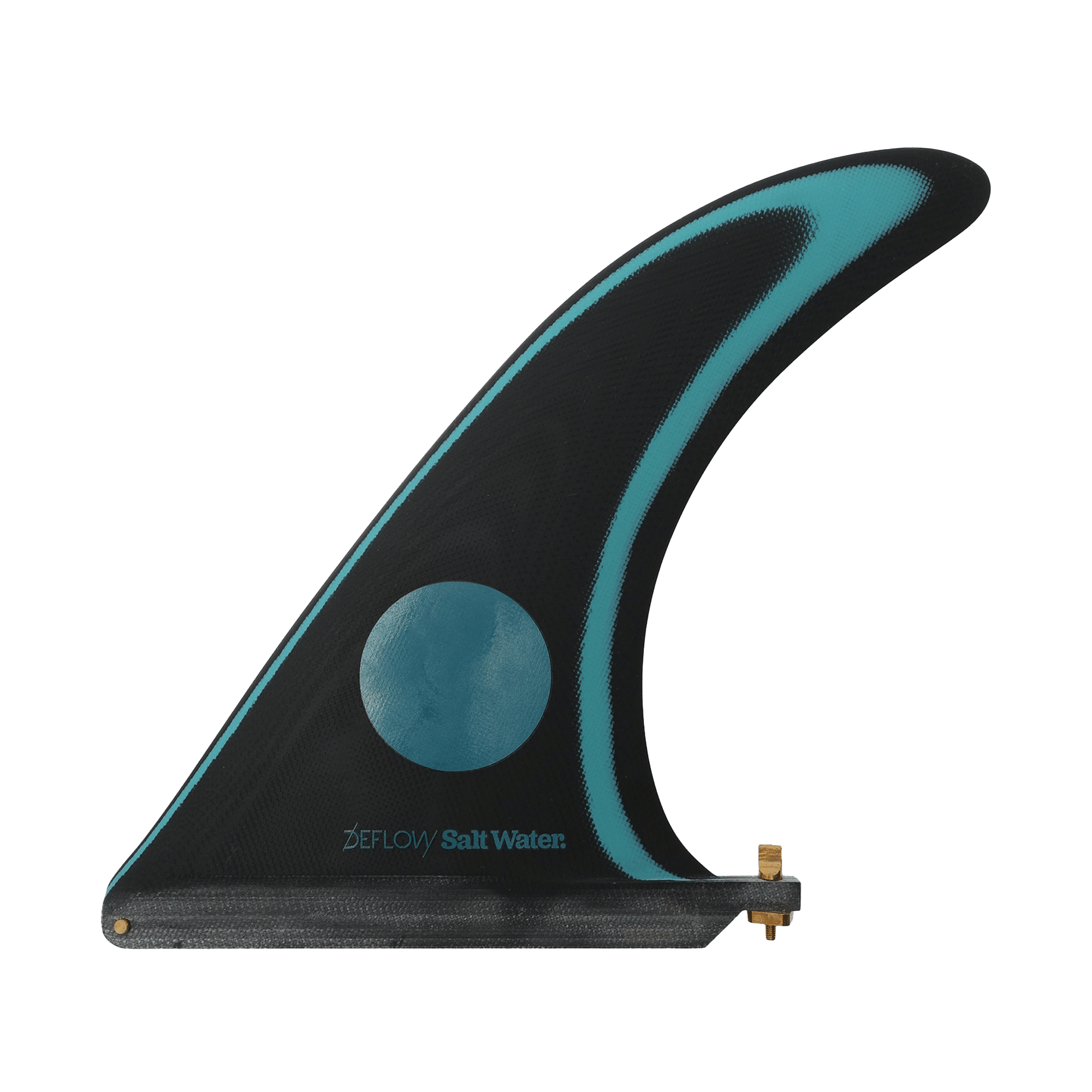 Shapers-Club- L'aileron de planche de surf simple Deflow - Salt Water - 9,8" présente une couleur de base noire élégante ornée d'un motif incurvé bleu. La phrase "DEFLOW Salt Water" est imprimée près du bas, et il est équipé d'une vis et d'un écrou en métal fixés à la base pour une fixation sécurisée. Cet aileron est idéal pour les surfeurs qui apprécient la glisse douce offerte par une configuration à aileron unique. -surfshop-surfboard