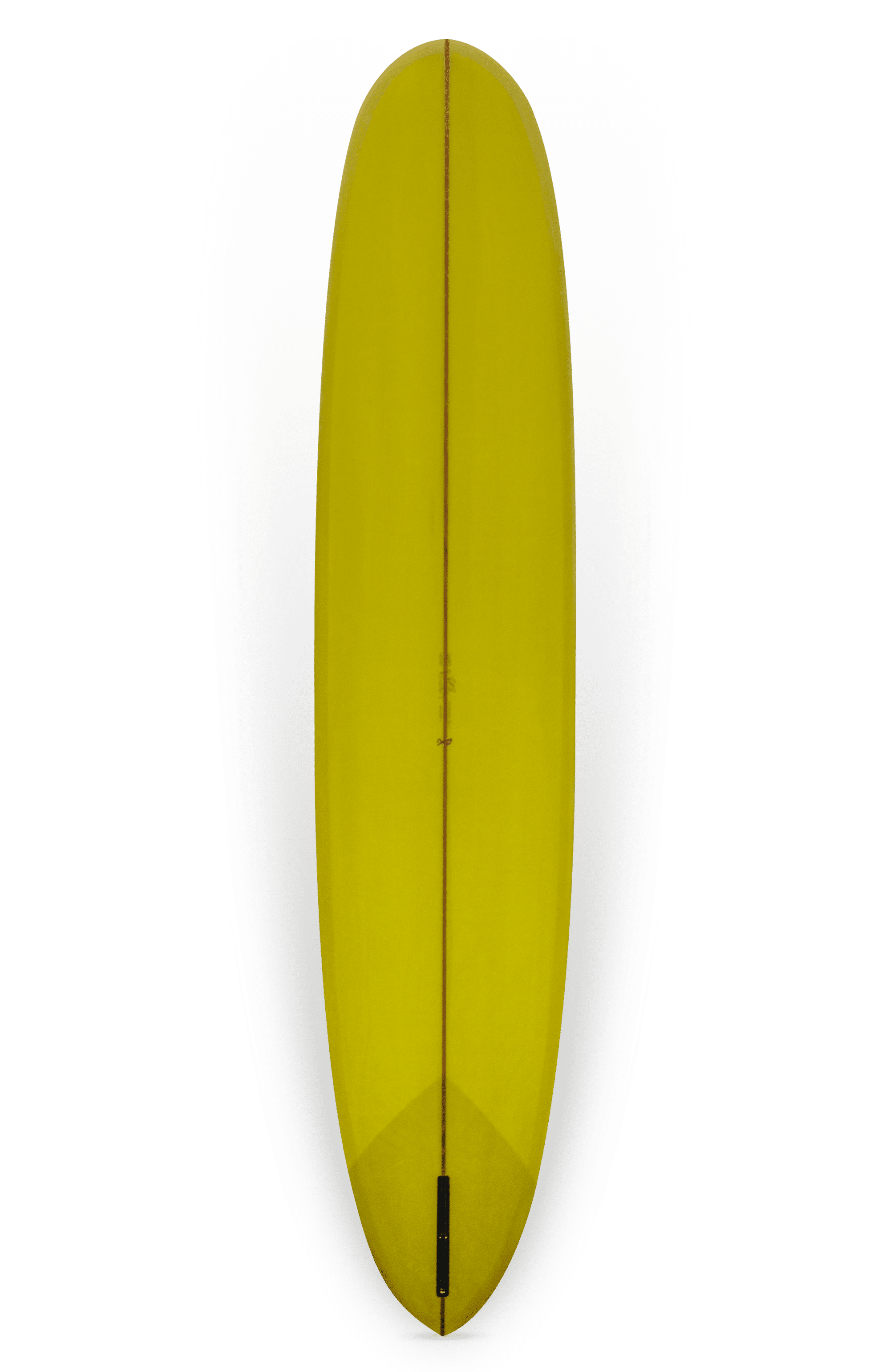 Shapers-Club- Vue de dessus, la planche de surf jaune Pinder Hawaii - Joel modèle 9'7" x 23" x 3' 1/8" présente une forme élégante et allongée avec des détails d'ailerons subtils en bas. Il présente un design minimaliste avec une surface lisse et des lignes épurées. -surfshop-surfboard