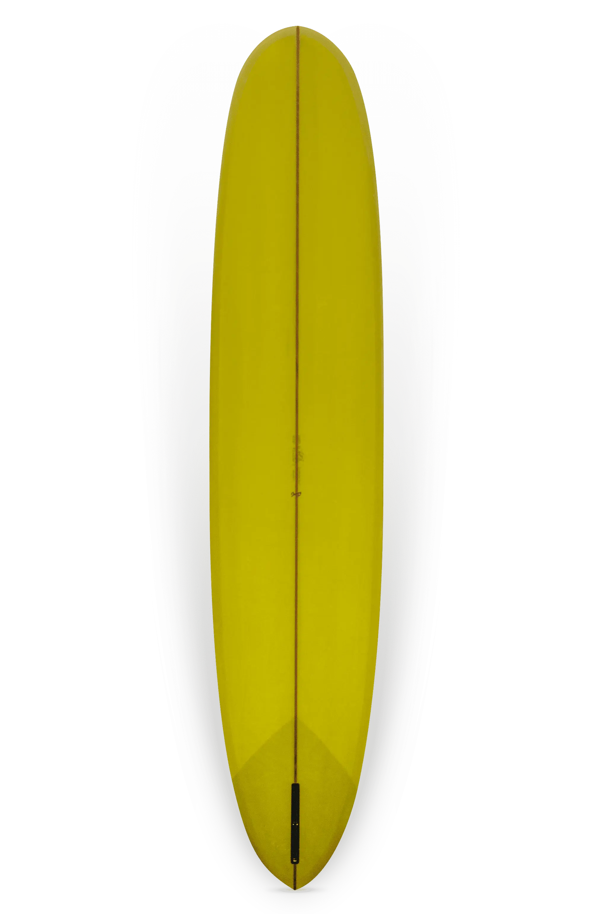 Shapers-Club- Vue de dessus, la planche de surf jaune Pinder Hawaii - Joel modèle 9'7" x 23" x 3' 1/8" présente une forme élégante et allongée avec des détails d'ailerons subtils en bas. Il présente un design minimaliste avec une surface lisse et des lignes épurées. -surfshop-surfboard