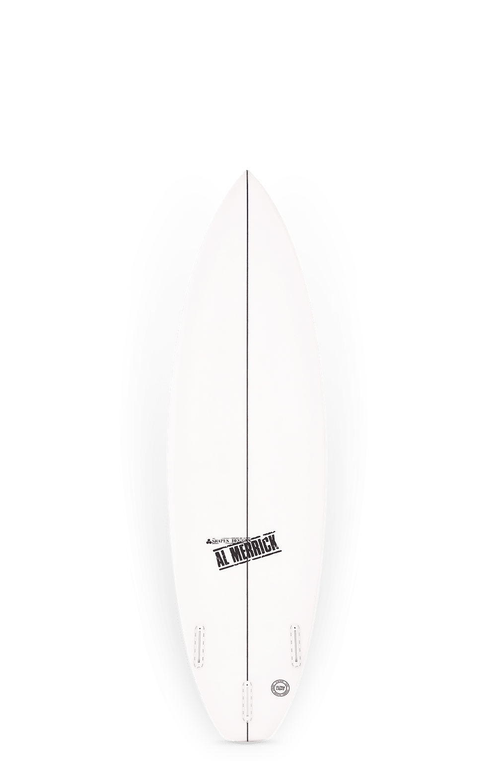 Shapers-Club- Une planche de surf blanche CI 2P PRO (6'2" x 19 1/2" x 2 9/16", 32,8L) avec un nez pointu, un logo noir "Al Merrick" au centre, trois boîtiers Futures Fins près d'une queue de poisson et un design minimaliste épuré. -surfshop-surfboard