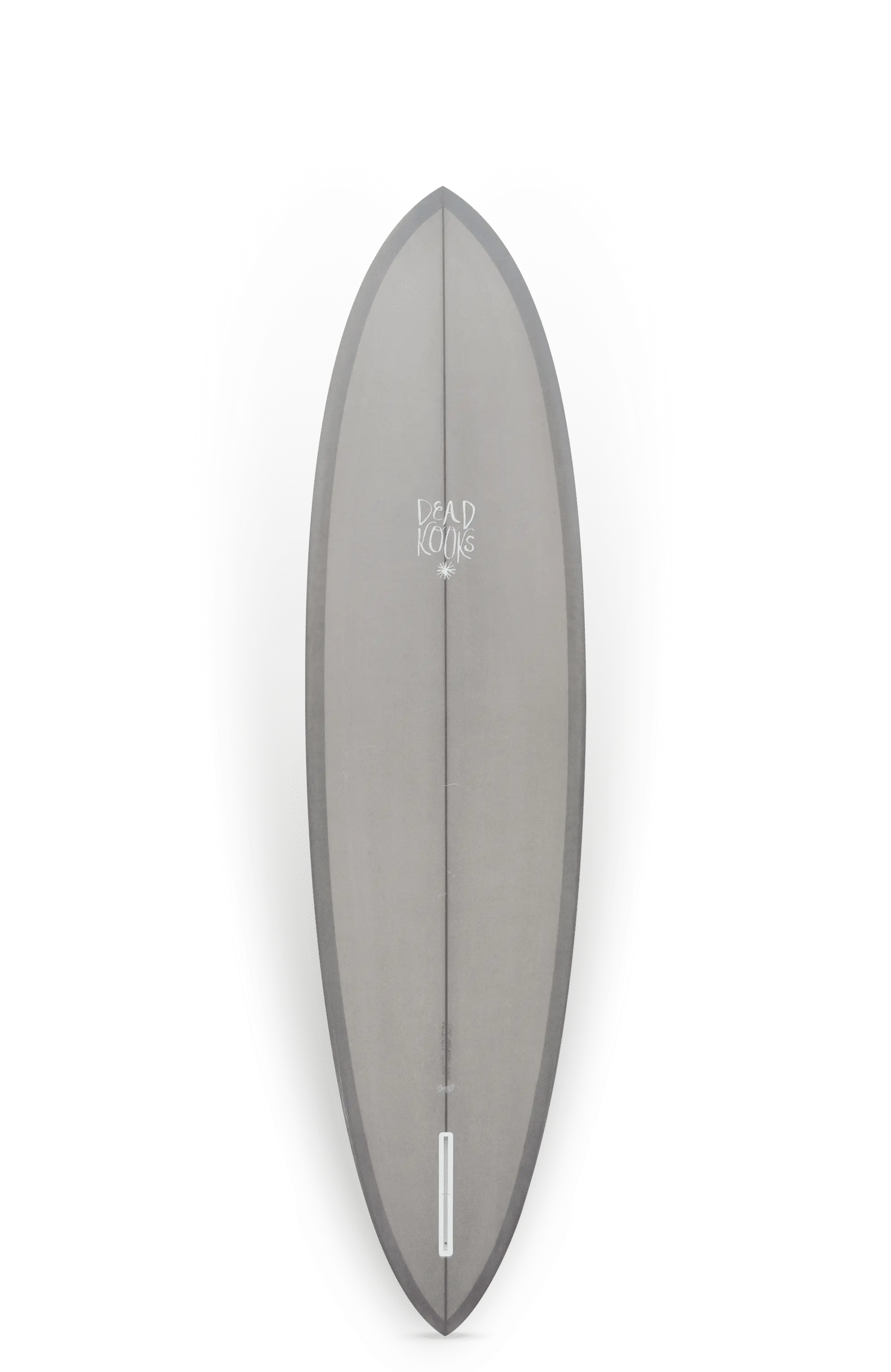 Shapers-Club- La planche de surf « Hellhound » de Dead Kooks présente un design gris élégant, avec un nez pointu et une queue arrondie. La vue de dessus minimaliste met en valeur le nom de la marque et affiche un contour ombré créant un effet subtil en forme de cœur. Dimensions : 7'6" x 21' 17/20" x 3". -surfshop-surfboard