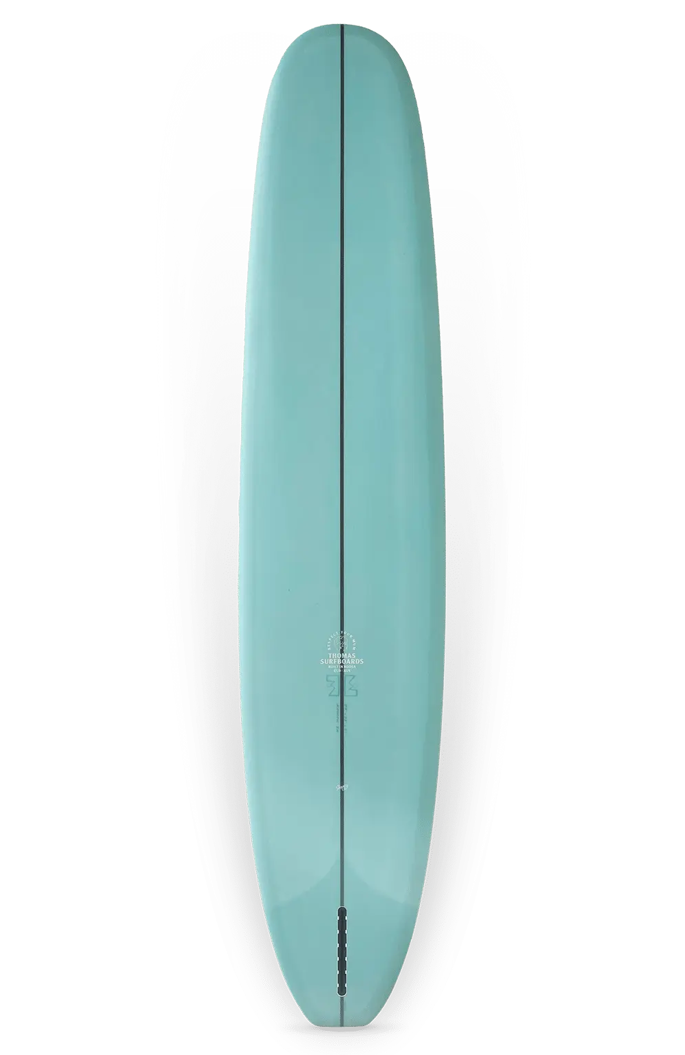 Shapers-Club- Une planche de surf Keeper 2 bleu clair, mesurant 9'6" x 23" x 3", présente une bande noire centrale avec un logo et un texte. Sa forme élégante est soulignée par un design de fond transparent, avec une seule fente d'aileron sur la queue. -surfshop-surfboard