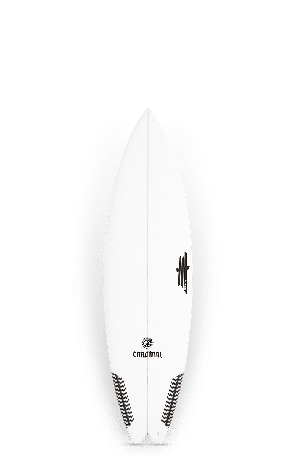Shapers-Club- La planche de surf moderne Workbreaker, mesurant 5'10" x 19 1/2" x 2 3/8", présente un pont blanc et des rails noirs avec la marque "Cardinal" et un logo stylisé sur un fond blanc uni. Son volume est de 28L. -surfshop-surfboard