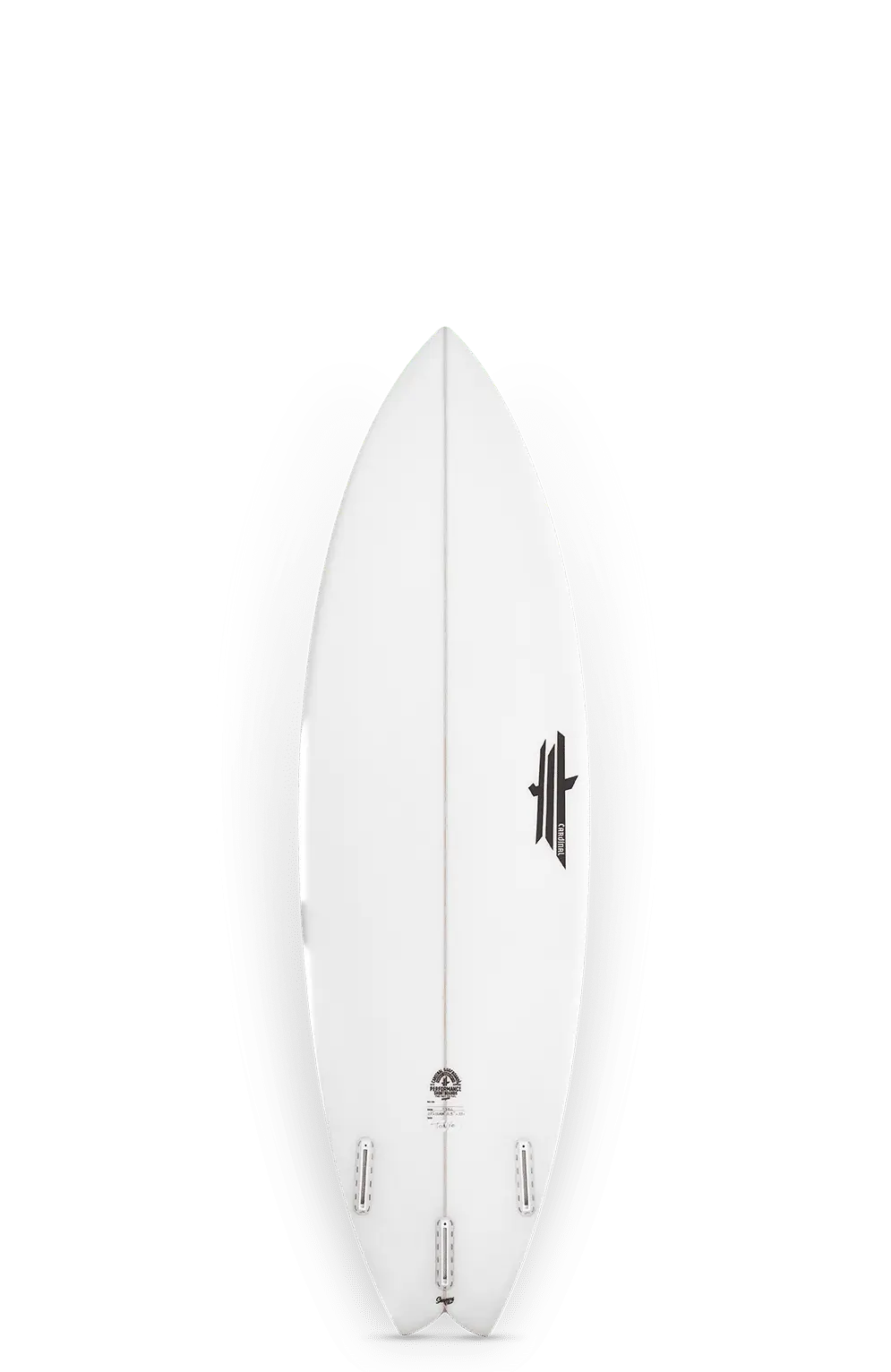 Shapers-Club- La planche de surf Workbreaker 5'10", dotée d'un design élégant de 28 L avec des ailerons noirs et un logo noir discret en haut à gauche, est présentée debout sur un fond uni, soulignant son esthétique minimaliste. -surfshop-surfboard