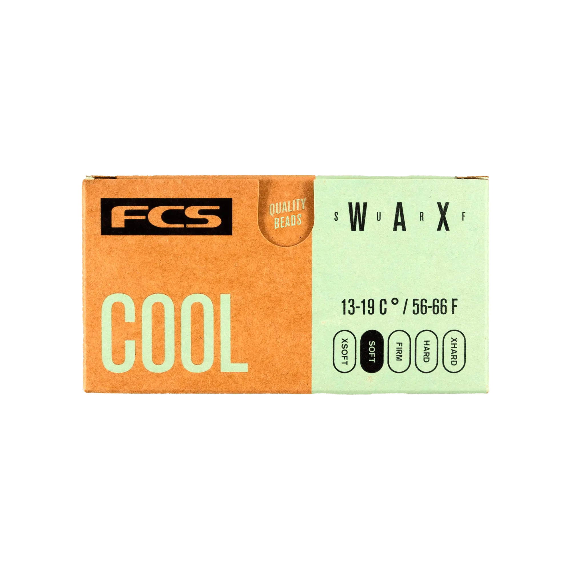Shapers-Club- L'image présente une boîte étiquetée « FCS - Wax - Cool » avec le texte « FCS », « COOL » et « SWARF ». Des détails supplémentaires incluent « PERLES DE QUALITÉ », des plages de température de « 13-19°C / 56-66°F » et des options telles que « EXOSS », « MIDI », « ISO » et « GRUB GROOVE ». La boîte, présentant un mélange de teintes marron et bleu clair, comprend également -surfshop-surfboard
