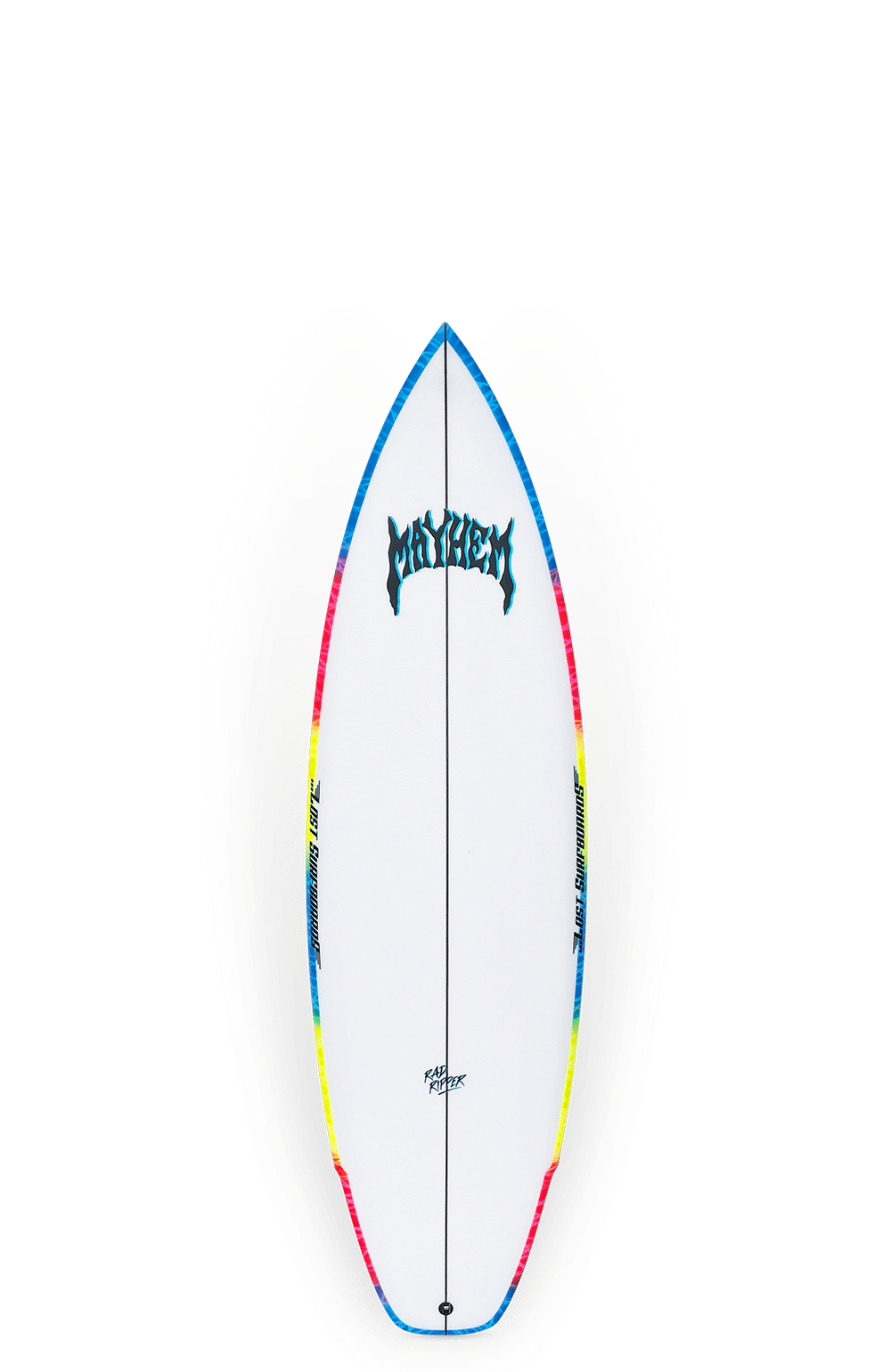 Shapers-Club- La planche de surf Rad Ripper - 5'10" x 20" x 2 7/8" se distingue par son motif bleu, jaune et rouge vibrant le long des bords colorés. Elle comprend un texte noir en gras et bénéficie d'un design élégant et aérodynamique, avec un nez pointu et une queue arrondie. Avec un volume de 31,5 L, elle est idéale pour attraper les vagues avec style. -surfshop-surfboard