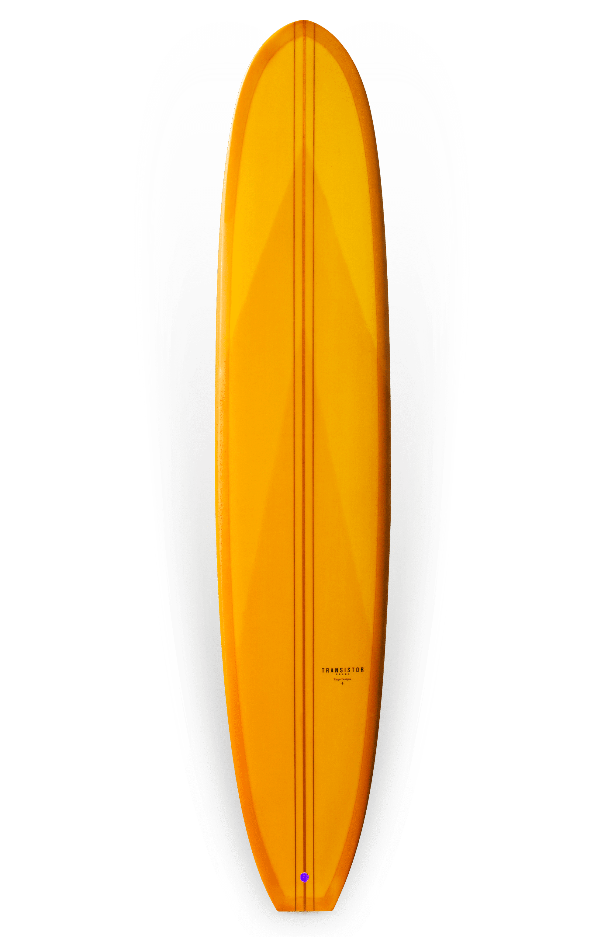 Shapers-Club- La planche de surf Roger Hinds - The Classic 9'6" x 23" x 3' 3/4" est présentée sur un fond blanc uni. Sa couleur jaune vif, sa forme arrondie et élégante et sa finition brillante la distinguent. La planche présente des contours subtils et lisses et un petit logo près du bas. Avec un nez pointu et une ombre légère en dessous, cette planche de surf présente des éléments de design classiques à la fois intemporels et élégants. -surfshop-surfboard