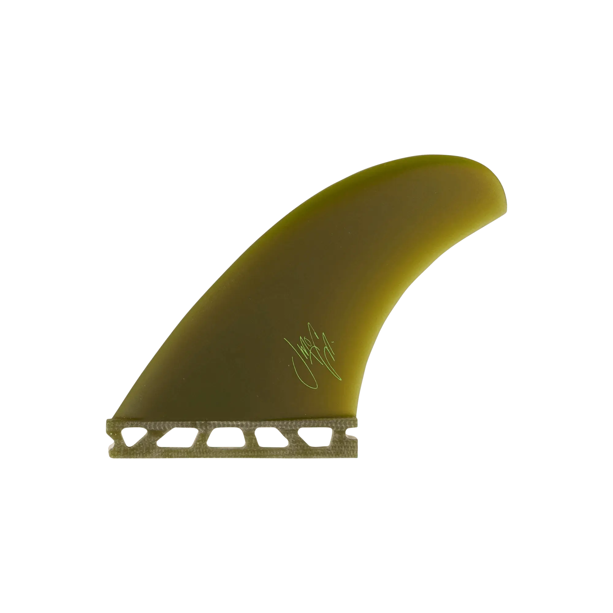 Shapers-Club- L'aileron de planche de surf McCallum Raked QD (Single Tab) présente une couleur vert olive avec une teinte jaunâtre et une base texturée, mettant en valeur la signature McCallum près de son centre, sur un fond uni pour souligner sa forme élégante. -surfshop-surfboard