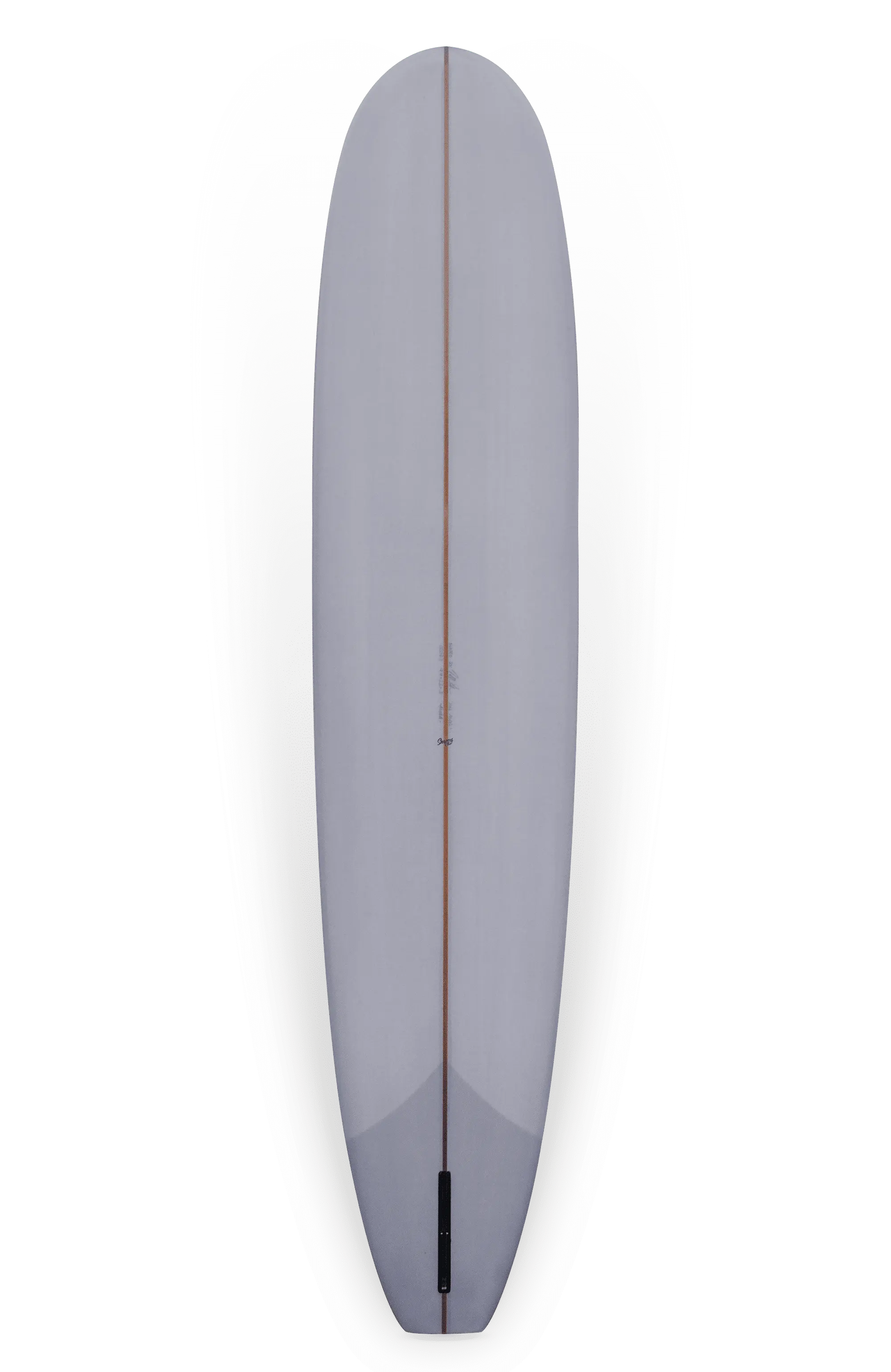 Shapers-Club- La planche de surf modèle Pinder Hawaii - Joel, mesurant 9'7" x 23" x 3' 1/8", présente un design minimaliste avec une surface blanche et lisse et une corde centrale en bois qui s'étend dans le sens de la longueur. Fabriquée par Pinder Hawaii, elle présente un nez et une queue arrondis avec de subtiles variations de nuances qui accentuent la courbure de la planche. Ces dimensions sont méticuleusement adaptées à la performance. -surfshop-surfboard