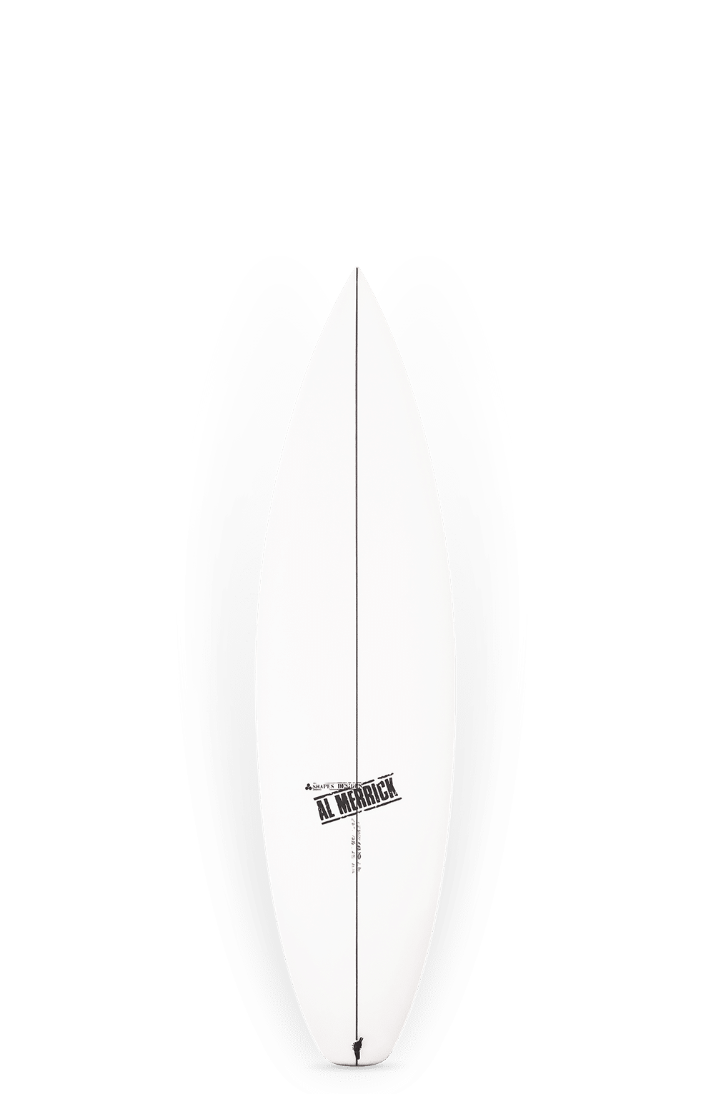 Shapers-Club- Une planche de surf blanche CI 2.PRO (5'8" x 18 1/4" x 2 3/16", 24,3L, Futures Fins) avec un nez pointu, un logo noir et une ligne centrale se dresse debout sur un fond vert avec des effets ombrés et miroirs. -surfshop-surfboard
