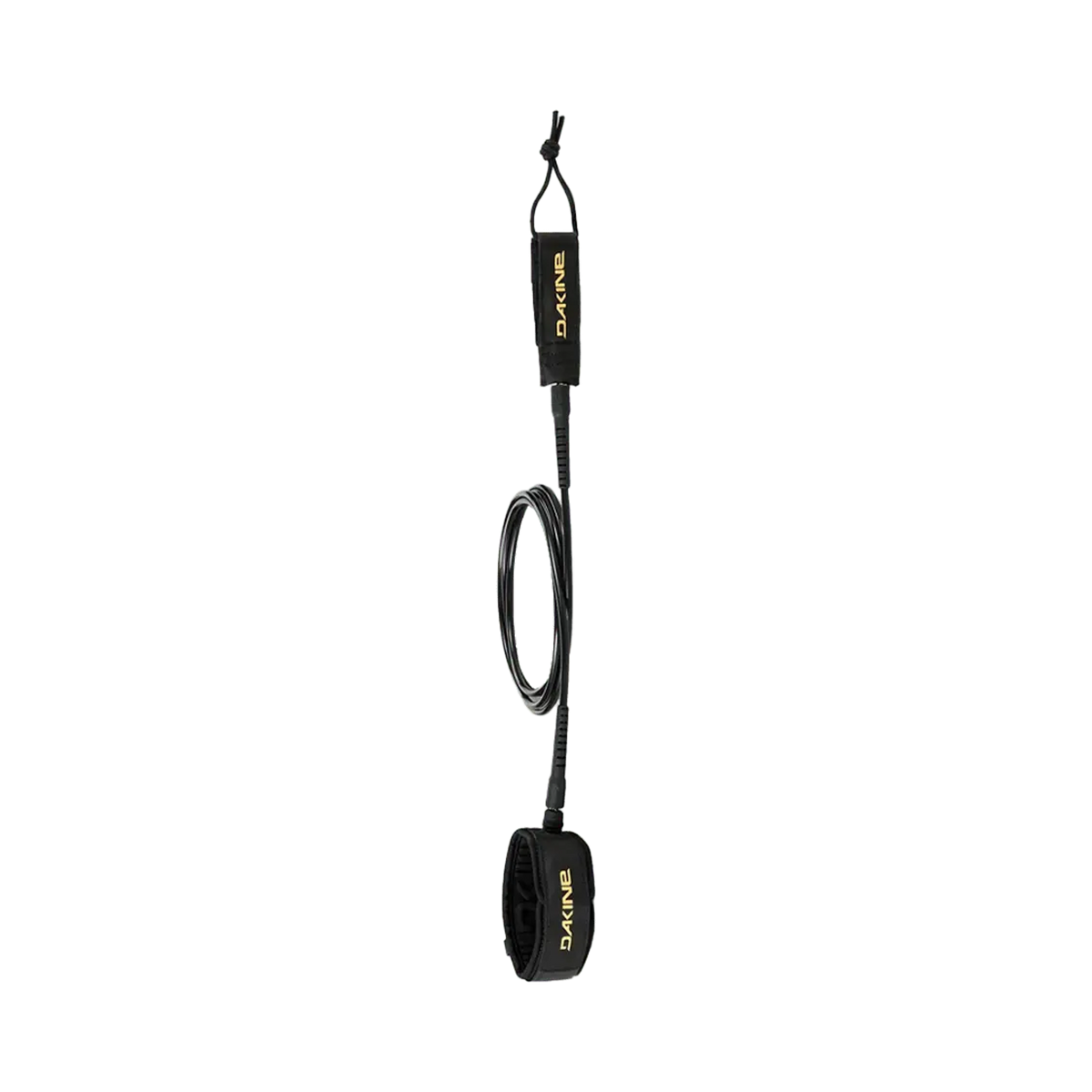 Shapers-Club- Le LONGBOARD ANKLE 9FT X 1/4" est un leash de planche de surf noir et jaune avec un câble spiralé et une sangle de cheville réglable, idéal pour un longboard de 9 pieds. Le nom de la marque "DAKINE" est affiché en évidence sur la sangle. -surfshop-surfboard