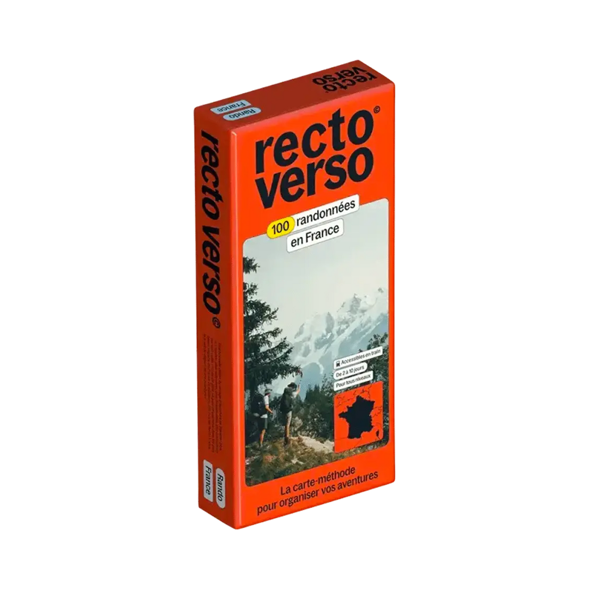 Shapers-Club- A red box Recto Verso Europe features hikers on a mountain trail with the French Alps in the background. A small map of France and product information highlight hiking adventures across Europe, including "100 hikes in France". -surfshop-surfboard