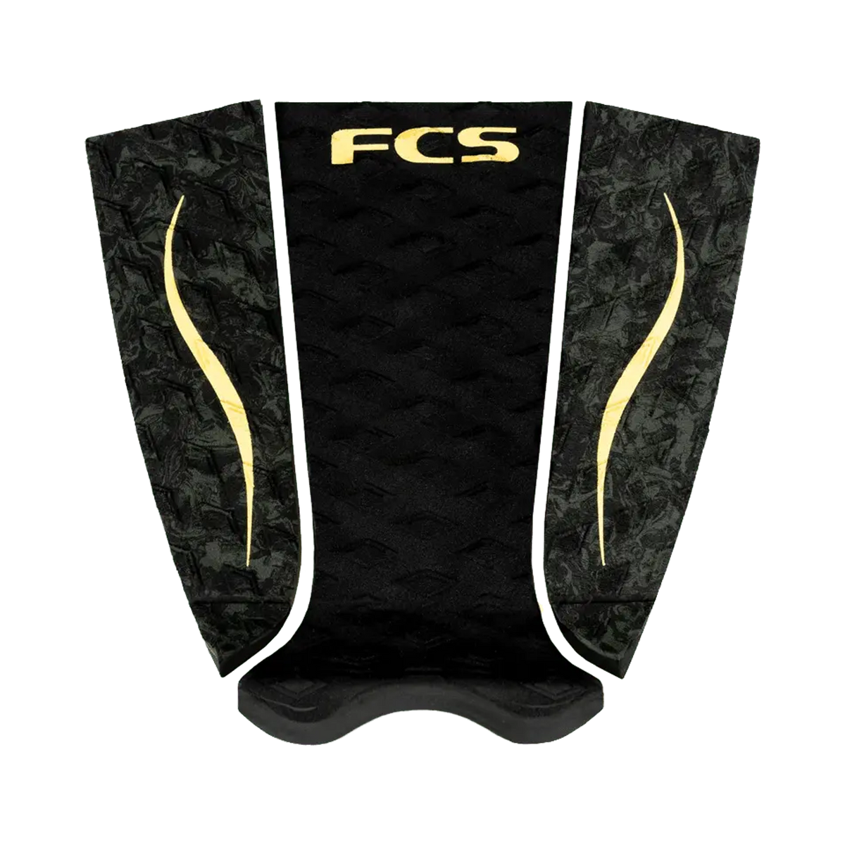 Shapers-Club- Le FCS ECO TRACTION PAD C MOORE est un pad de traction pour planche de surf noir orné de détails texturés et des initiales « FCS » en jaune vif sur le dessus. Conçu avec des panneaux latéraux qui présentent un motif subtil de lignes courbes jaunes, ce produit s'inspire du style dynamique de C Moore. -surfshop-surfboard