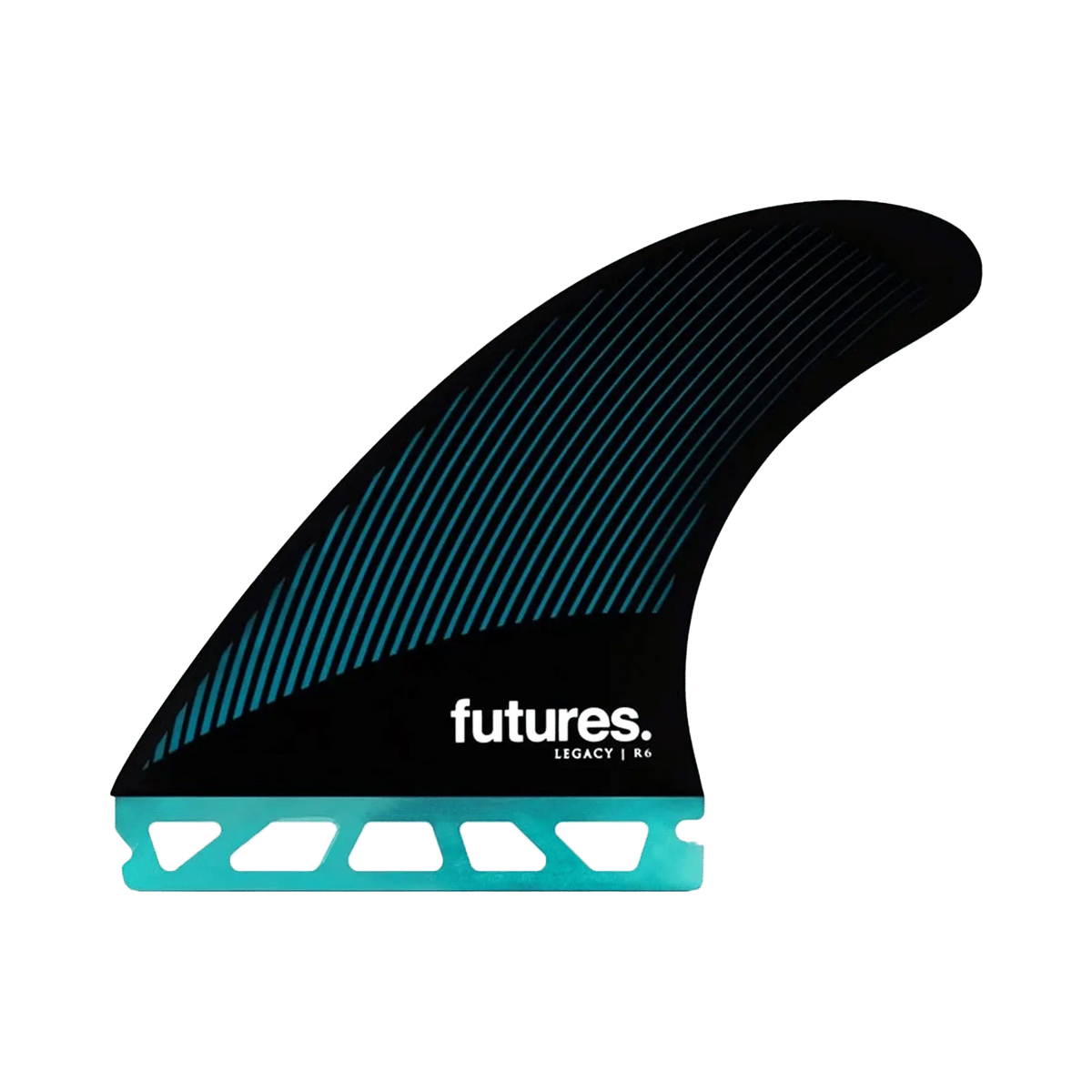 Shapers-Club - fin One blue and black surfboard with the brand name "FUTURES" and "LEGACY I R4 fin" written on it. This part of the 2022 Small collection features a gradient striped design and a cutout at the base for attachment. The bottom is solid green. -surfshop-surfboard