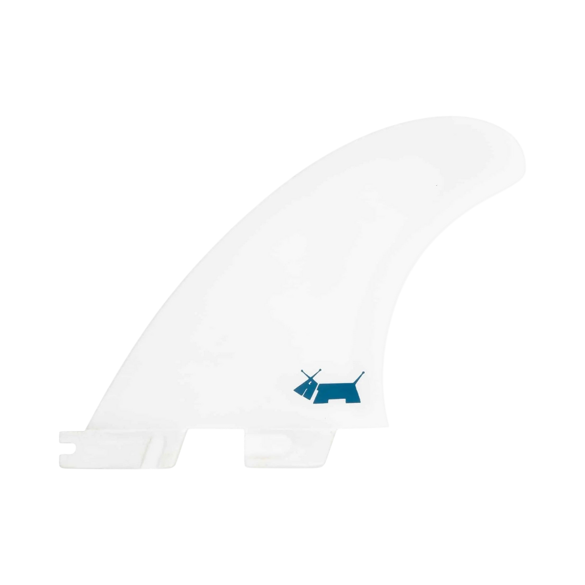 Shapers-Club- The Skindog - side board (performance core) is a fin white surfboard adorned with a small blue dog motif. Made from high-performance base materials, it fin features a slightly curved shape and two slots at the base for easy attachment to your board. -surfshop-surfboard