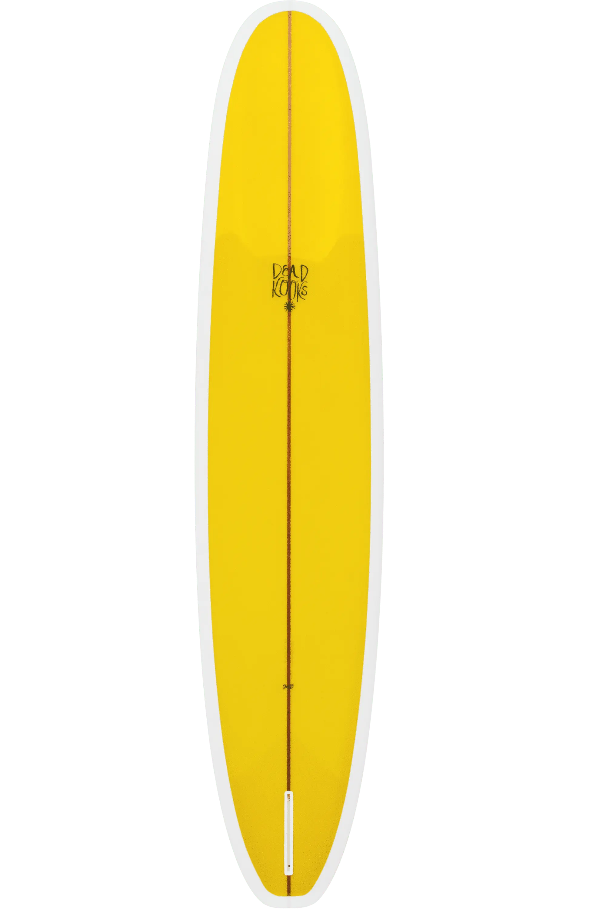 Shapers-Club- Une planche de surf mesurant 9'6" x 23" x 3" avec une surface jaune, un bord blanc et une bande verticale sombre au centre. La planche comporte un logo central avec "David King" en lettres stylisées rappelant le design de Guerrero. Sa forme allongée et légèrement incurvée est caractéristique des styles Dead Kooks. -surfshop-surfboard