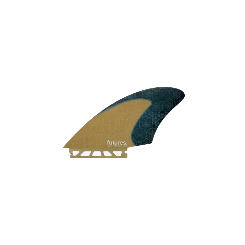 Shapers-Club- Présentation de l'aileron de planche de surf Futures - Dave Rastovich Keel Jute Honey Comb, présentant un motif à motifs beige et bleu foncé. Le mot « futures » est imprimé en blanc près de la base sur la partie bleue. Doté d'une structure en nid d'abeille visible à travers la partie beige, ce modèle s'inspire des préférences de Dave Rastovich et promet de superbes performances. -surfshop-surfboard