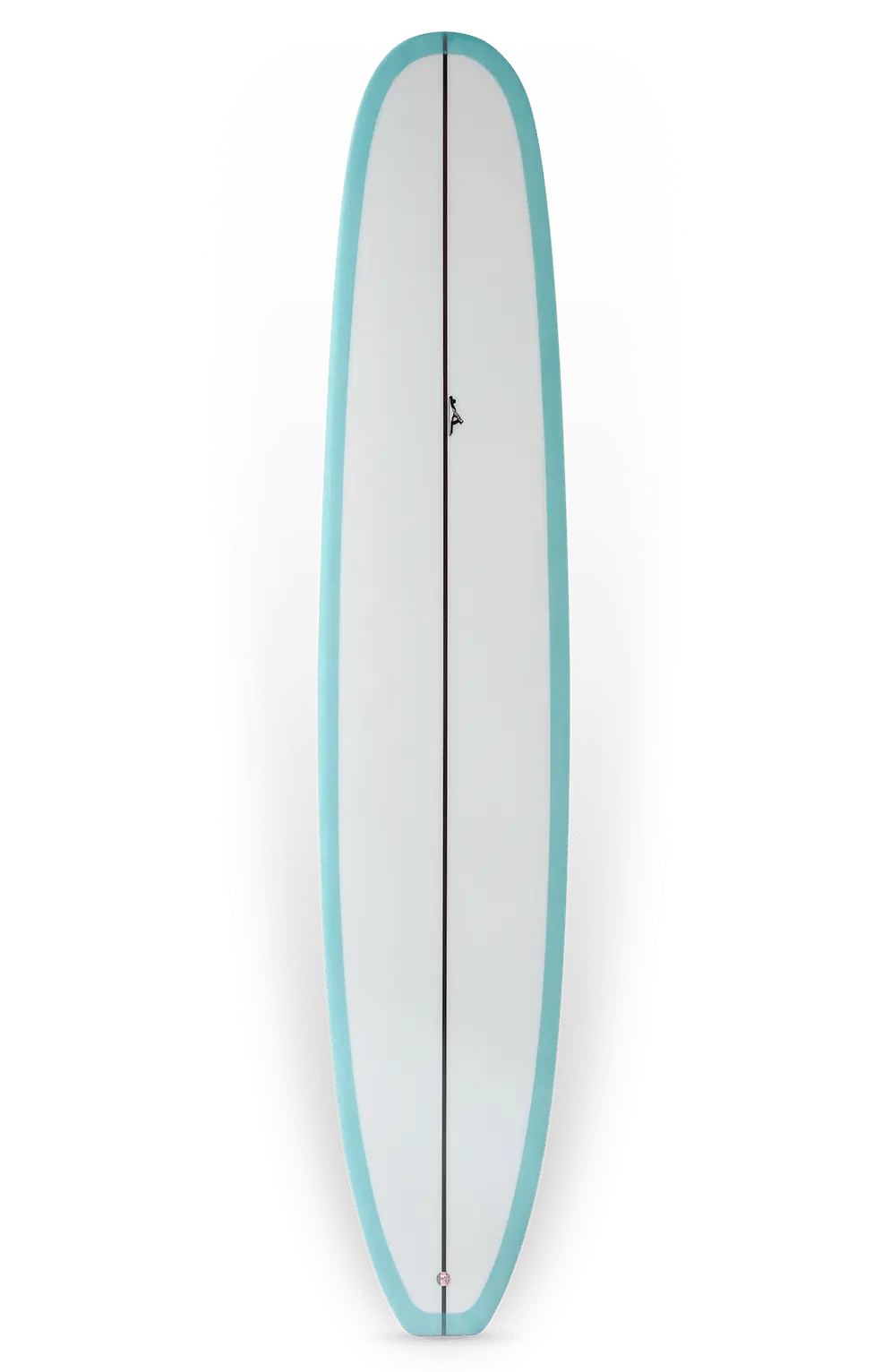 Shapers-Club- La planche de surf Keeper 2 - 9'6" x 23" x 3" est dotée d'un pont blanc, de bords turquoise et d'un longeron central noir. Sa queue arrondie accentue son design minimaliste et élégant, offrant le mélange parfait de style et de performance pour les amateurs de vagues. -surfshop-surfboard