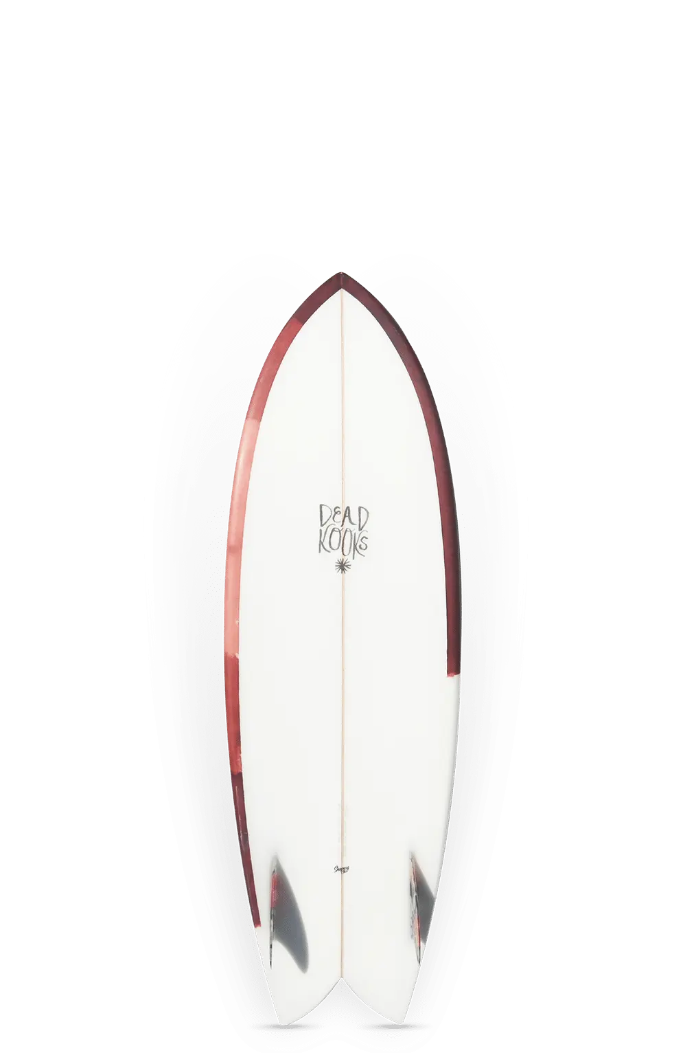 Shapers-Club- Une planche de surf blanche Riches Twin 5'6" avec un nez pointu, des rails rouges et "DEAD KOOKS" en noir au centre se tient debout, son reflet créant une symétrie frappante, idéale pour les fans de ce design unique. -surfshop-surfboard