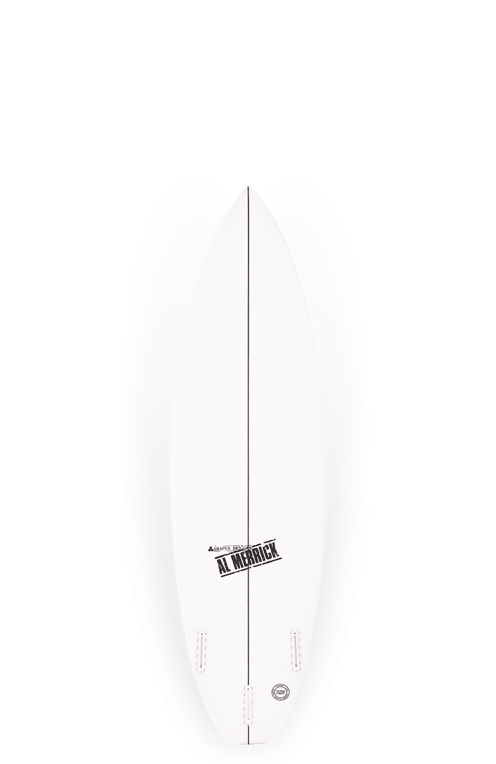 Shapers-Club- La planche de surf CI 2.PRO (1,73 m x 46,5 cm x 6,9 cm, 62,3 cm) présente un nez pointu, une finition blanche, des dérives Futures noires et le logo « Al Merrick » noir au centre. Photographiée sur fond transparent. -surfshop-surfboard