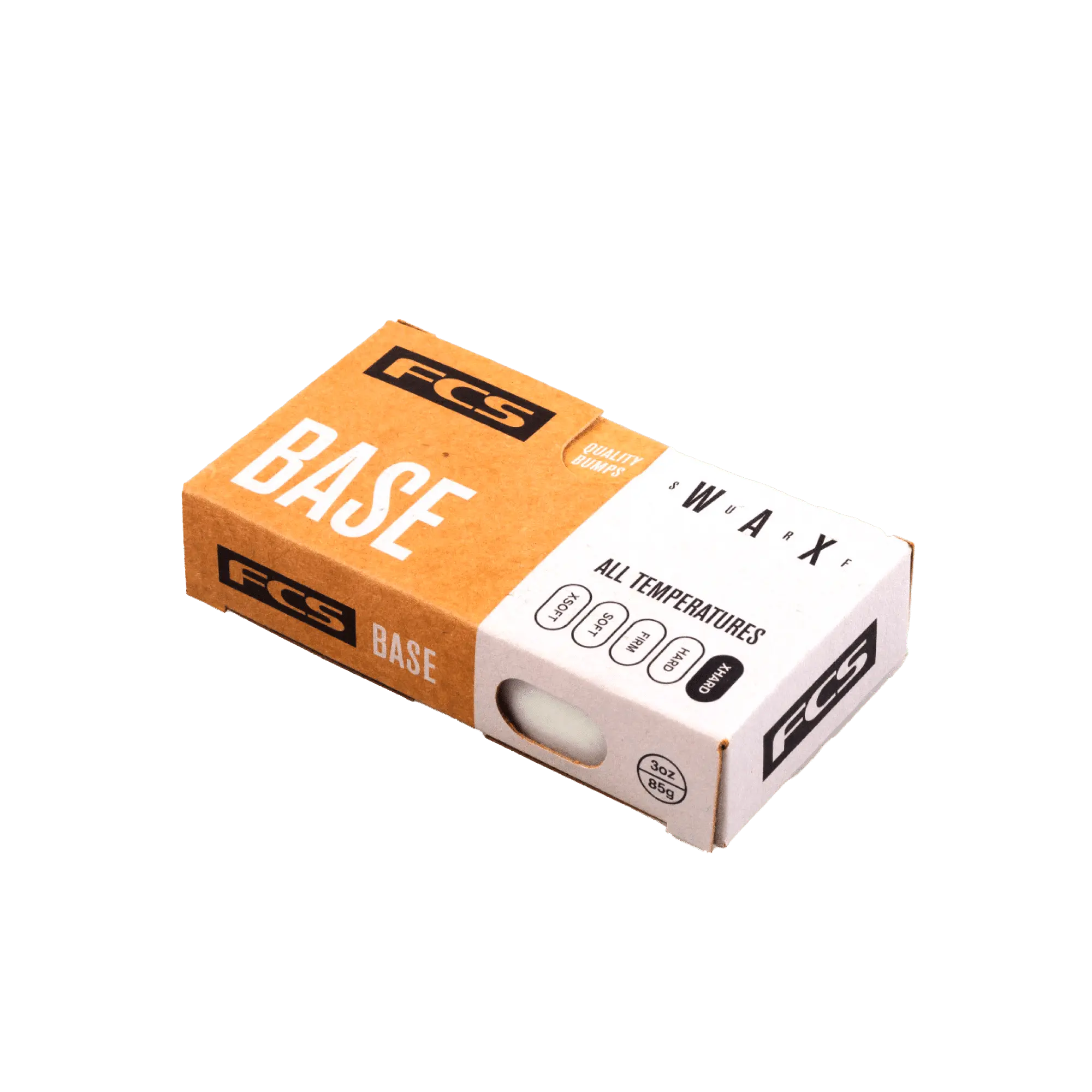 Shapers-Club- Une boîte en carton rectangulaire étiquetée « FCS - Wax - Base » conçue pour les planches de surf. La boîte est principalement marron et blanche avec un texte noir, indiquant que la cire convient à toutes les températures. Un petit trou sur un côté révèle la cire de base blanche à l'intérieur. -surfshop-surfboard