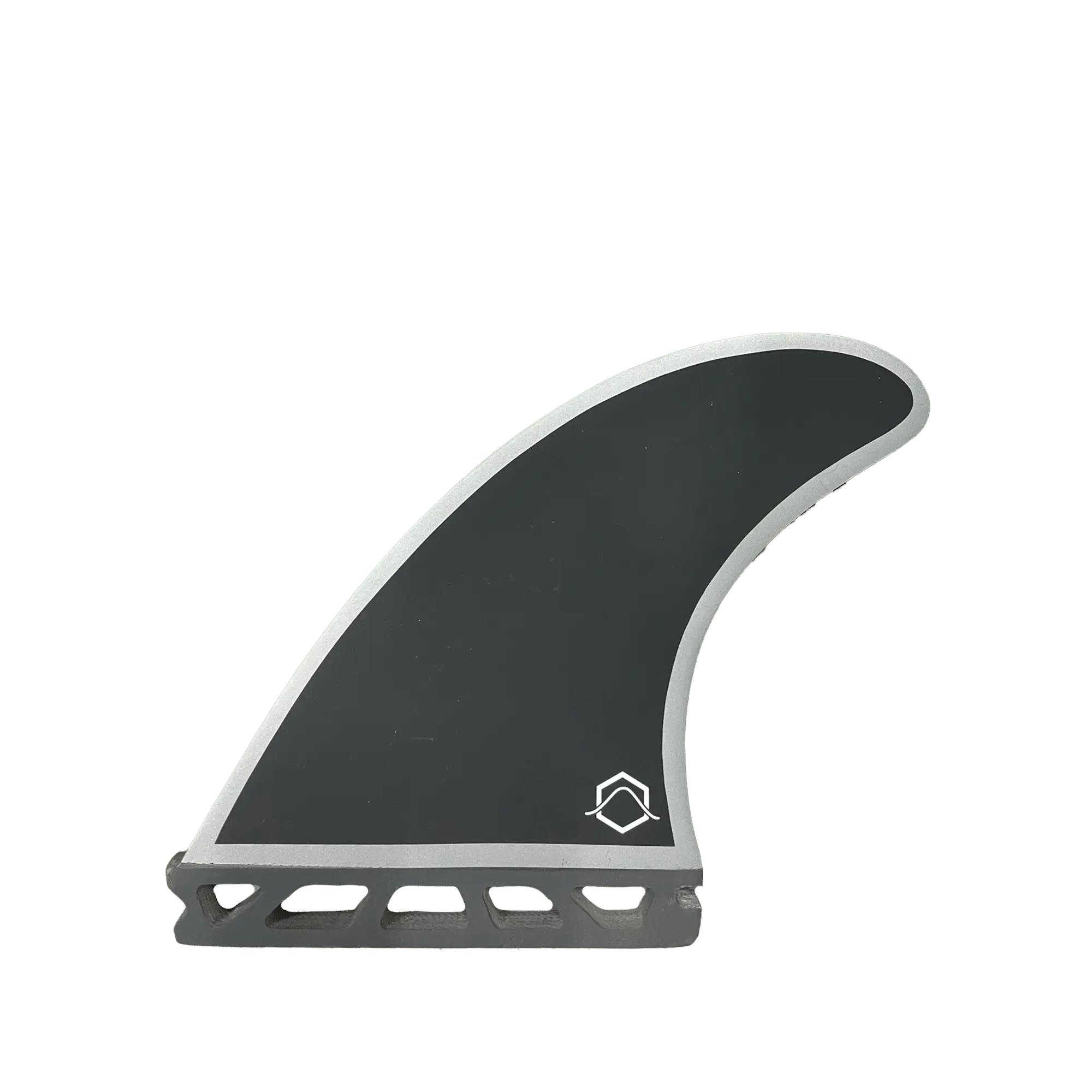 Shapers-Club- Un aileron de planche de surf noir avec un contour gris est représenté sur un fond transparent. Faisant partie de la série Futures - Legacy - Honeycomb - THRUSTER, l'aileron présente un petit logo blanc près de sa base et présente une conception en treillis pour la fixation aux configurations de propulseur. -surfshop-surfboard