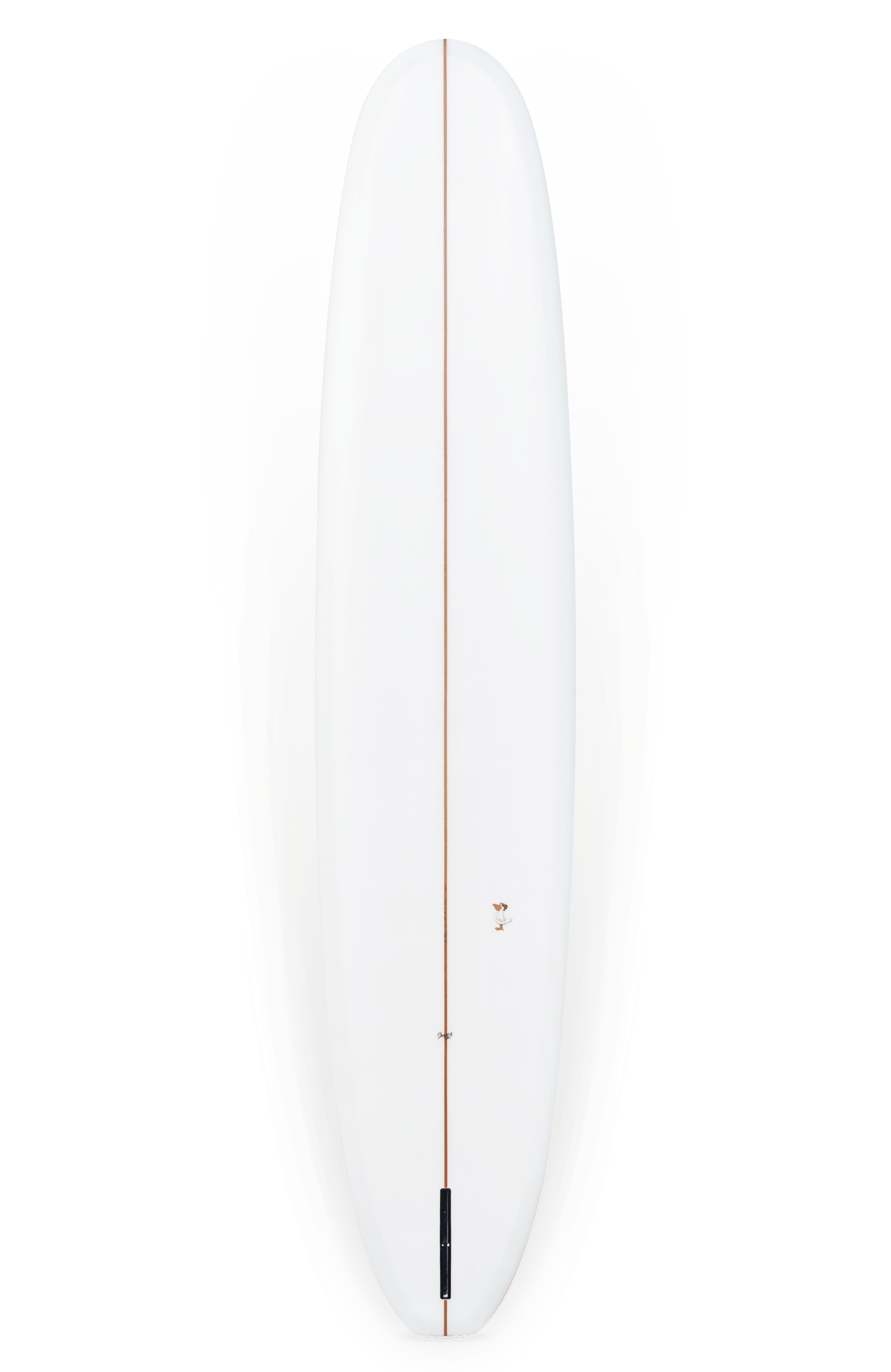 Shapers-Club- La planche de surf Barrett Miller - Springfield 9'5" x 22' 7/8" x 2' 3/4" présente un design blanc avec une fine bande marron verticale qui descend au centre. Bénéficiant de lignes épurées et lisses et de bords légèrement arrondis, cette planche dégage une apparence propre et minimaliste. La couleur de fond passe harmonieusement du gris sur les bords au blanc près du centre. -surfshop-surfboard