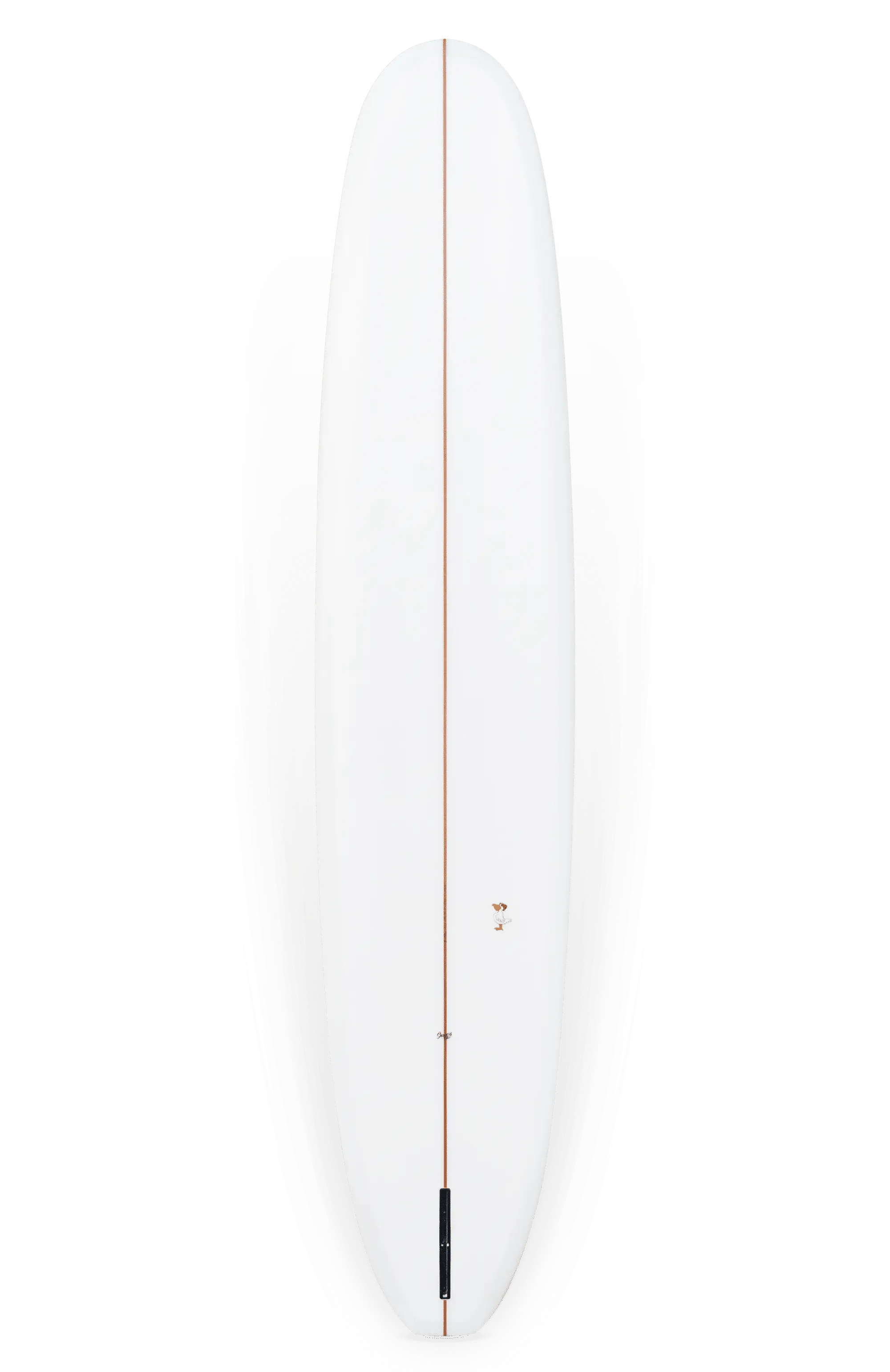 Shapers-Club- La planche de surf Barrett Miller - Springfield 9'5" x 22' 7/8" x 2' 3/4" présente un design blanc avec une fine bande marron verticale qui descend au centre. Bénéficiant de lignes épurées et lisses et de bords légèrement arrondis, cette planche dégage une apparence propre et minimaliste. La couleur de fond passe harmonieusement du gris sur les bords au blanc près du centre. -surfshop-surfboard