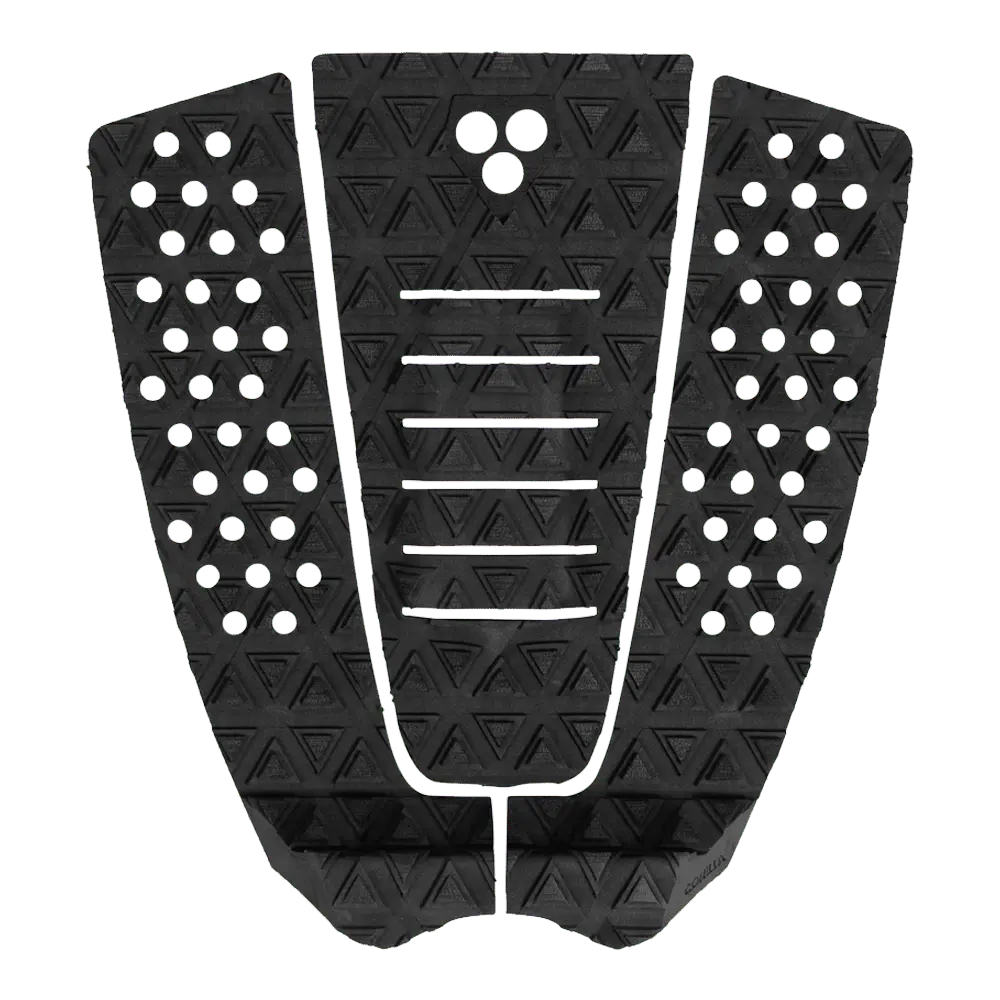 Shapers-Club- Le pad de traction Jane Black est conçu pour les planches de surf, avec des motifs triangulaires et des découpes circulaires. Sa conception comprend trois sections principales avec des rainures qui offrent une excellente adhérence et un support de voûte centrale, alliant style et performance sur les vagues. -surfshop-surfboard