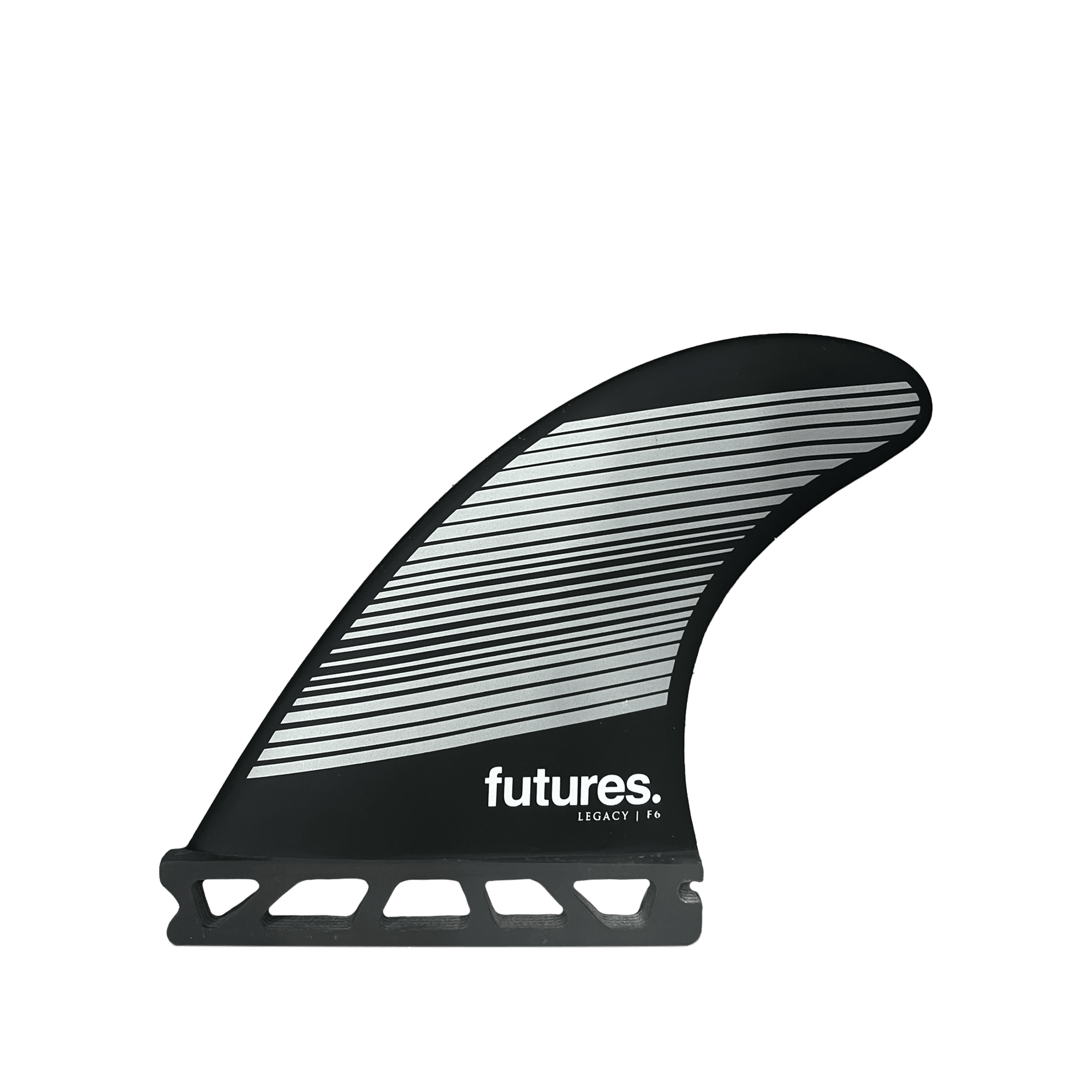 Shapers-Club- Un aileron de planche de surf noir et gris au design rayé, étiqueté « futures » et « LEGACY | F6 », fait partie de la série Legacy. Cet aileron élégant et moderne possède une base robuste pour une fixation facile à une planche de surf et est idéal pour les configurations THRUSTER. Affiché sur un fond vert uni, ce produit est nommé Futures - Legacy series - Honeycomb - THRUSTER. -surfshop-surfboard