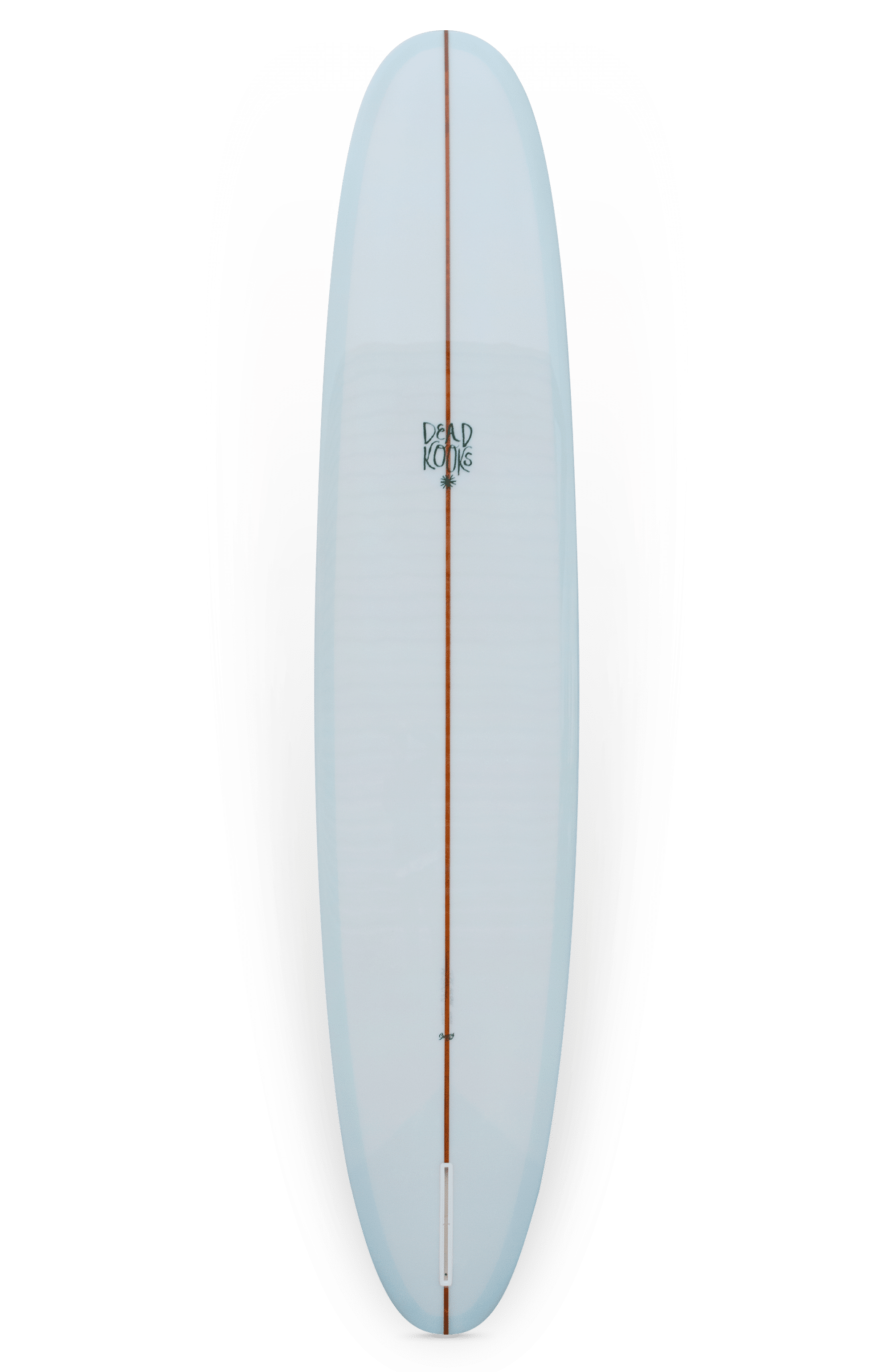 Shapers-Club- Une planche de surf Dead Kooks - Casbah 9'6" x 22' 3/4" x 2' 3/4", avec une teinte bleu clair et des bords arrondis avec une corde en bois descendant au centre, est présentée verticalement sur un fond blanc. Le nom de la marque "Dead Kooks" est bien visible près du haut de la planche, évoquant l'ambiance d'attraper les vagues dans votre casbah préférée. -surfshop-surfboard