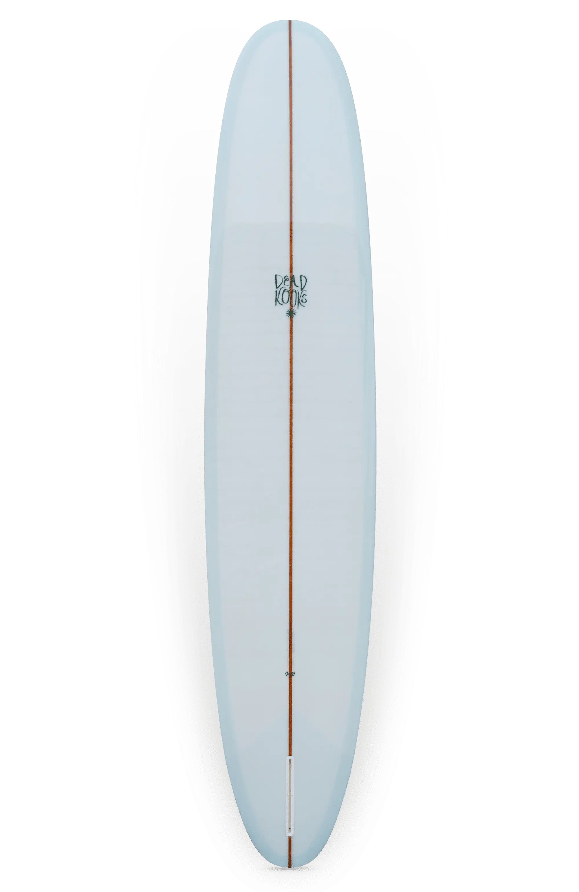 Shapers-Club- Une planche de surf Dead Kooks - Casbah 9'6" x 22' 3/4" x 2' 3/4", avec une teinte bleu clair et des bords arrondis avec une corde en bois descendant au centre, est présentée verticalement sur un fond blanc. Le nom de la marque "Dead Kooks" est bien visible près du haut de la planche, évoquant l'ambiance d'attraper les vagues dans votre casbah préférée. -surfshop-surfboard