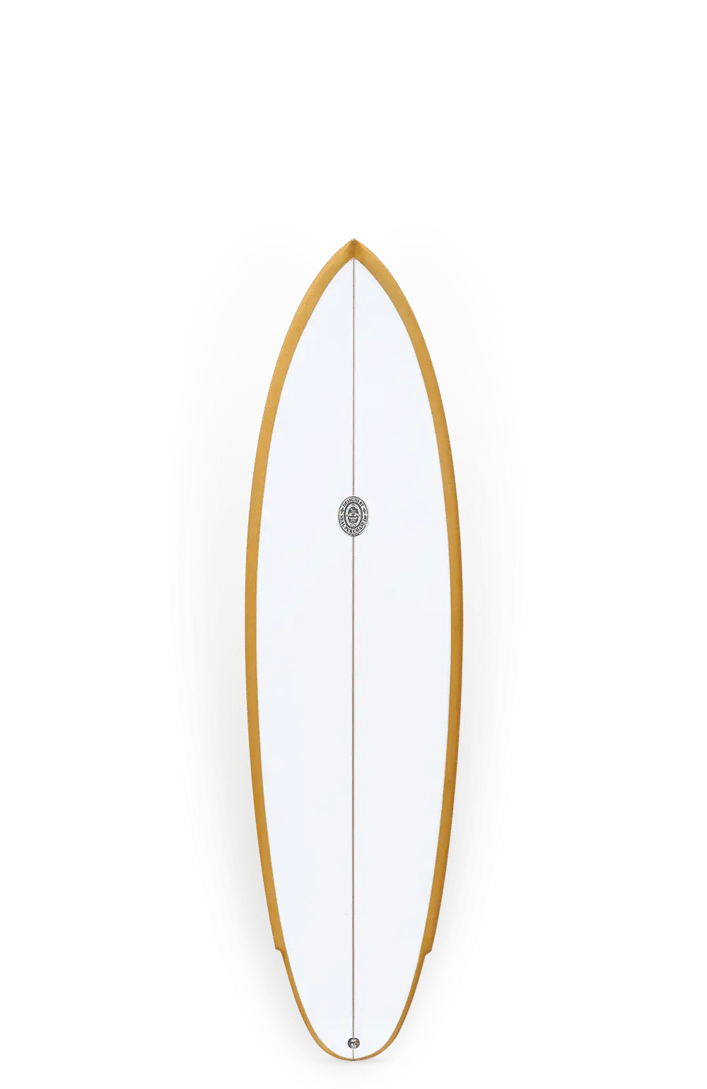 Shapers-Club- Une élégante planche de surf New Quartet blanche, mesurant 6'2", présente une bordure en bois sur les bords et un logo central près du haut. Cette combinaison d'éléments de design est orientée verticalement sur un fond uni, ce qui la fait ressortir. -surfshop-surfboard