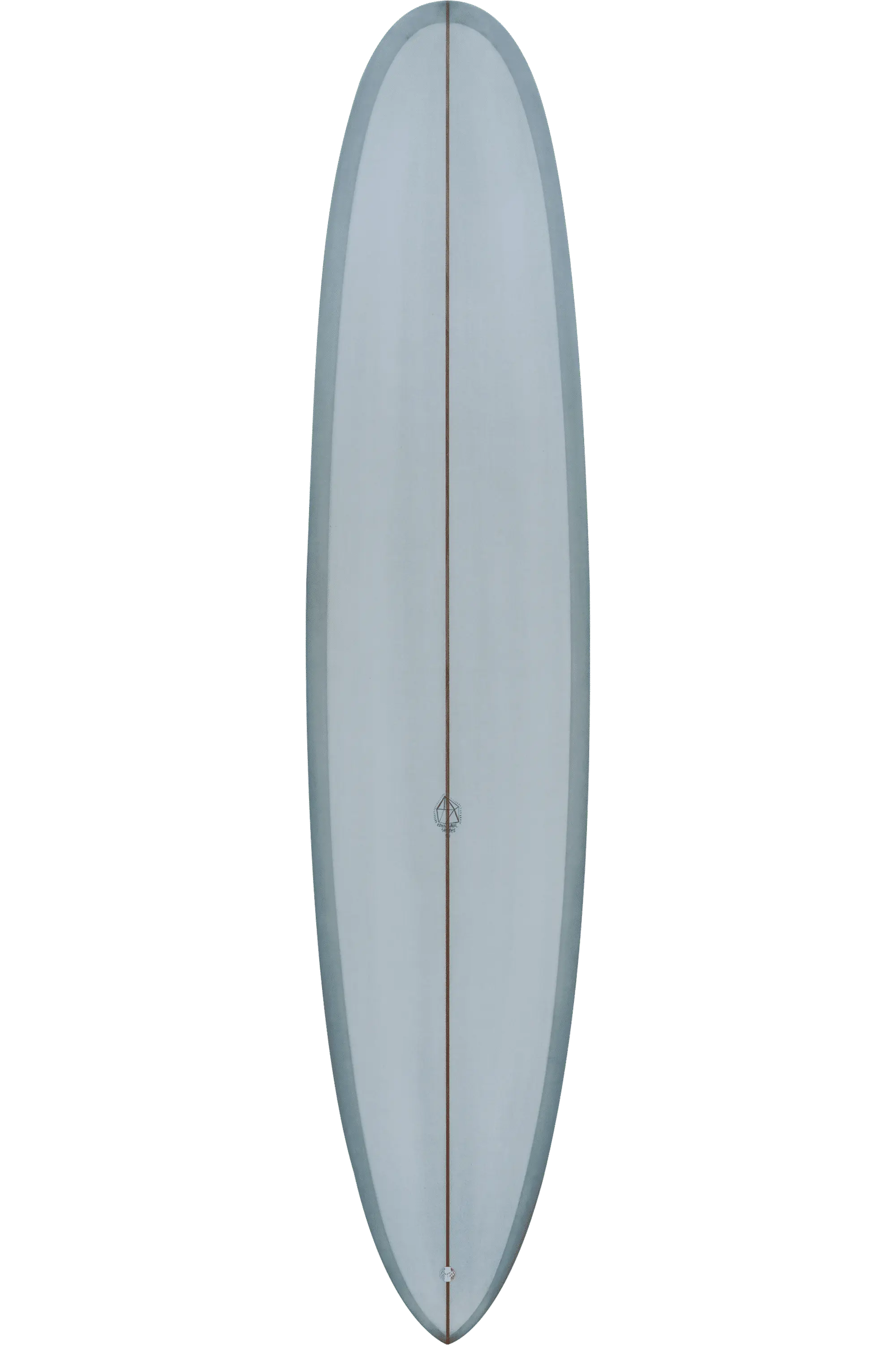 Shapers-Club- Vue aérienne de la planche de surf Dead Kooks - Guerrero 9'6" x 23" x 3" dans un design minimaliste gris clair. La forme élégante et allongée aux bords arrondis présente une ligne subtile descendant au centre et un petit emblème Guerrero au milieu. -surfshop-surfboard