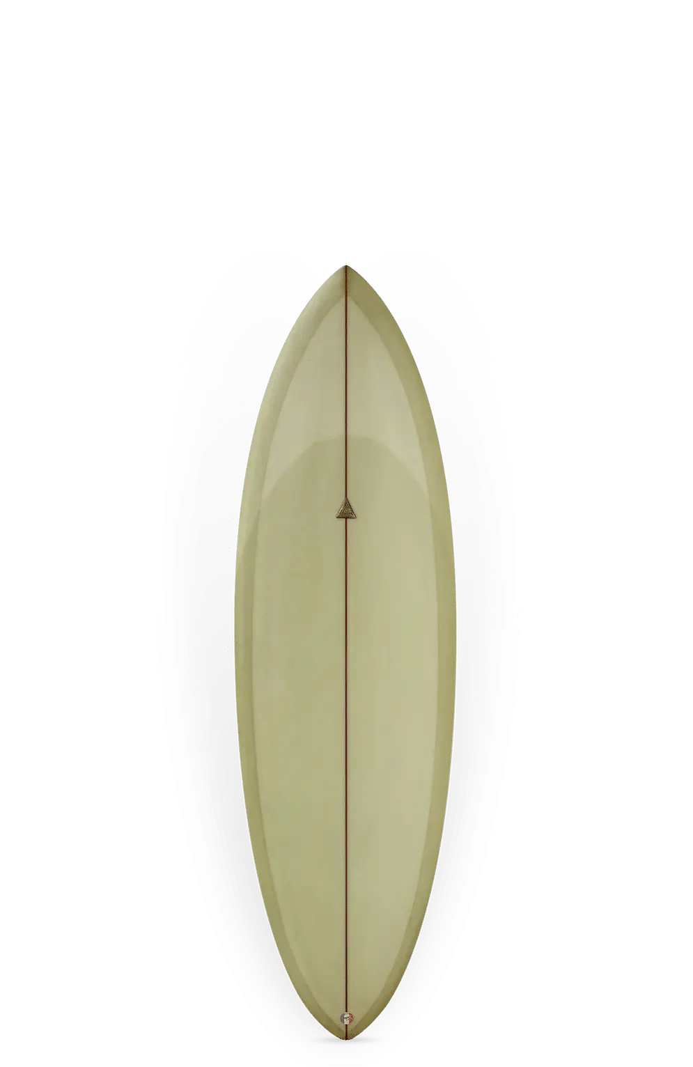 Shapers-Club- La Crest est une planche de surf de style vintage avec un nez pointu et une surface supérieure beige clair, mesurant 5'8" x 20 1/4" x 2 5/8" - 33,2L, avec une seule dérive en dessous, affichée verticalement sur un fond blanc uni. -surfshop-surfboard