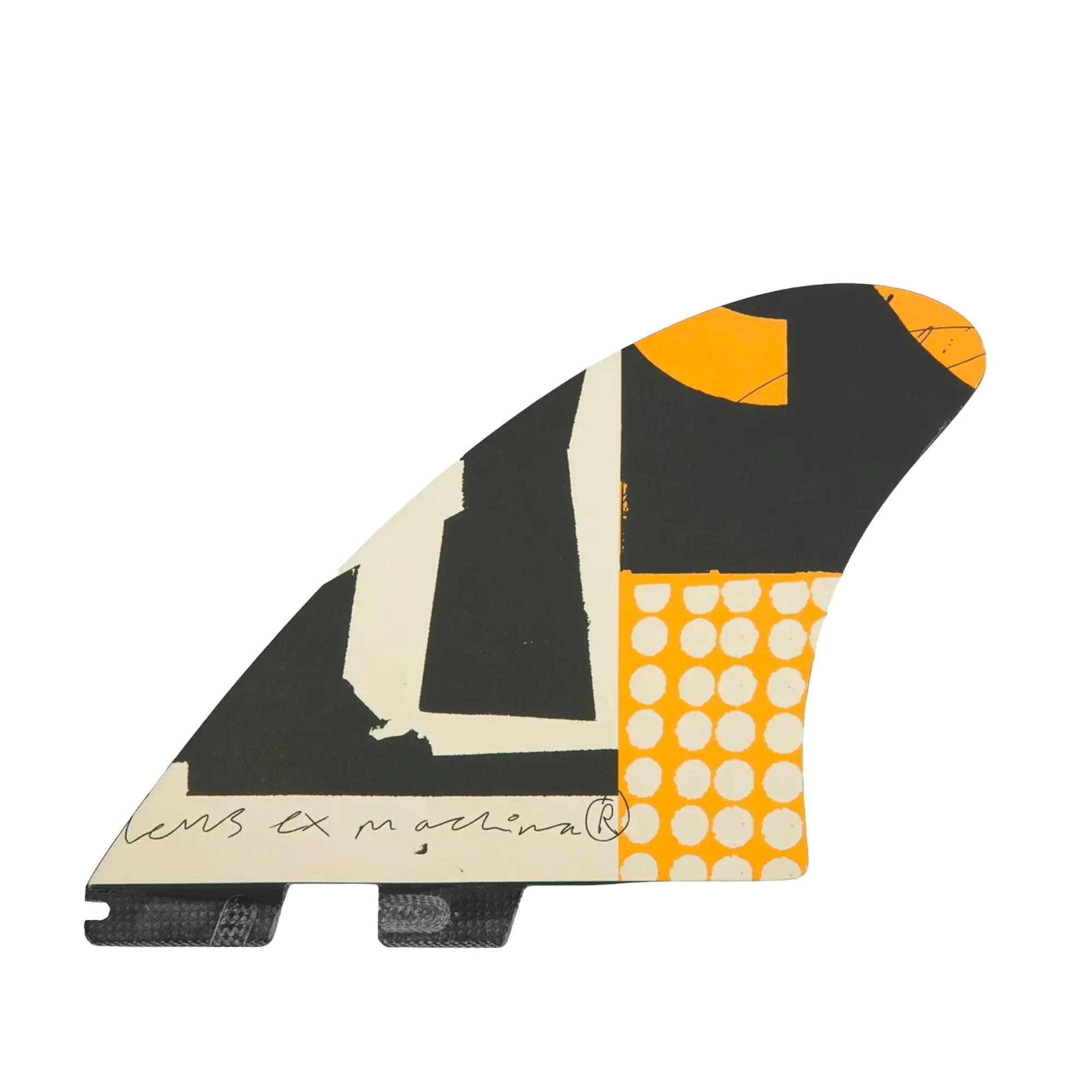 Shapers-Club- Une image en gros plan de l'aileron de planche de surf FCS - DEUS - Modern Keel - Twin présente son design abstrait, avec un mélange de formes géométriques noires, orange, blanches et beiges. Le design comprend des rectangles noirs, un motif de cercles orange et des zones blanches avec du texte manuscrit. Il offre une compatibilité parfaite avec les configurations FCS et Modern Keel. -surfshop-surfboard